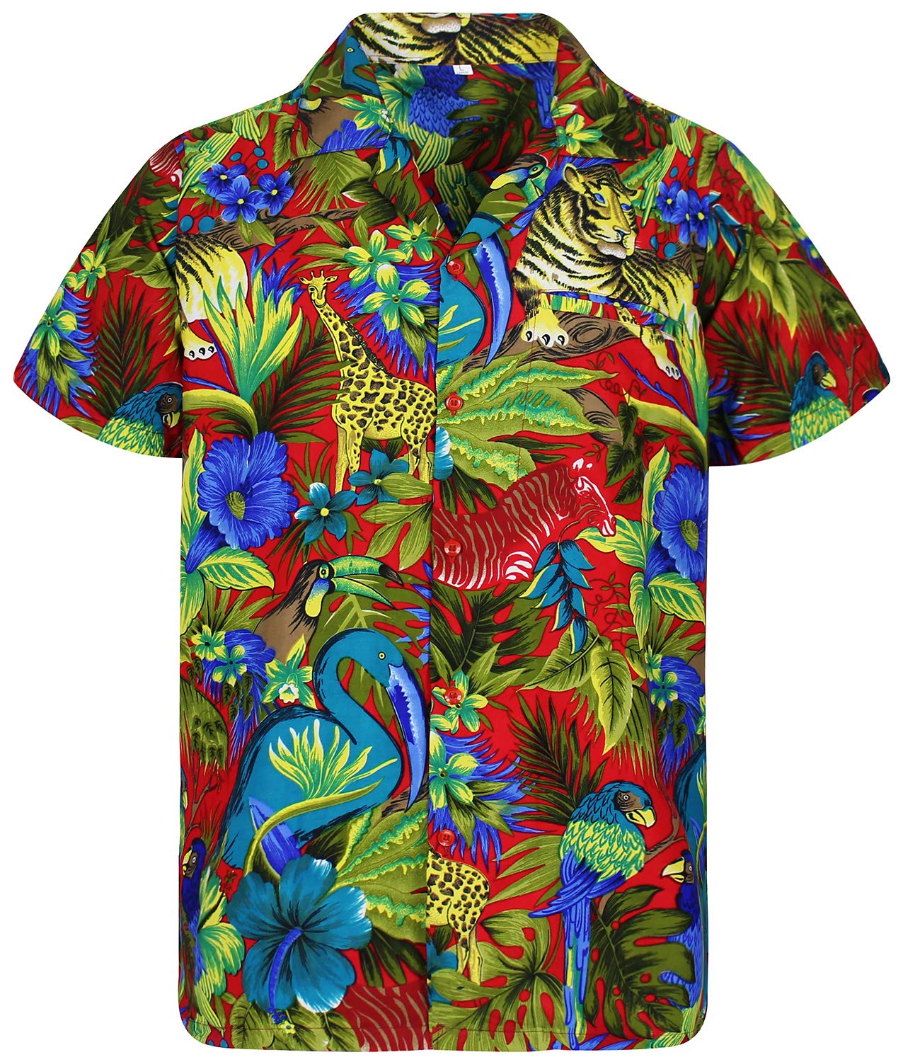 V.h.o. Men's Vho-Jungle-Design-Red Funky Hawaiian Shirt, Shortsleeve, Jungle, Red, 5XL