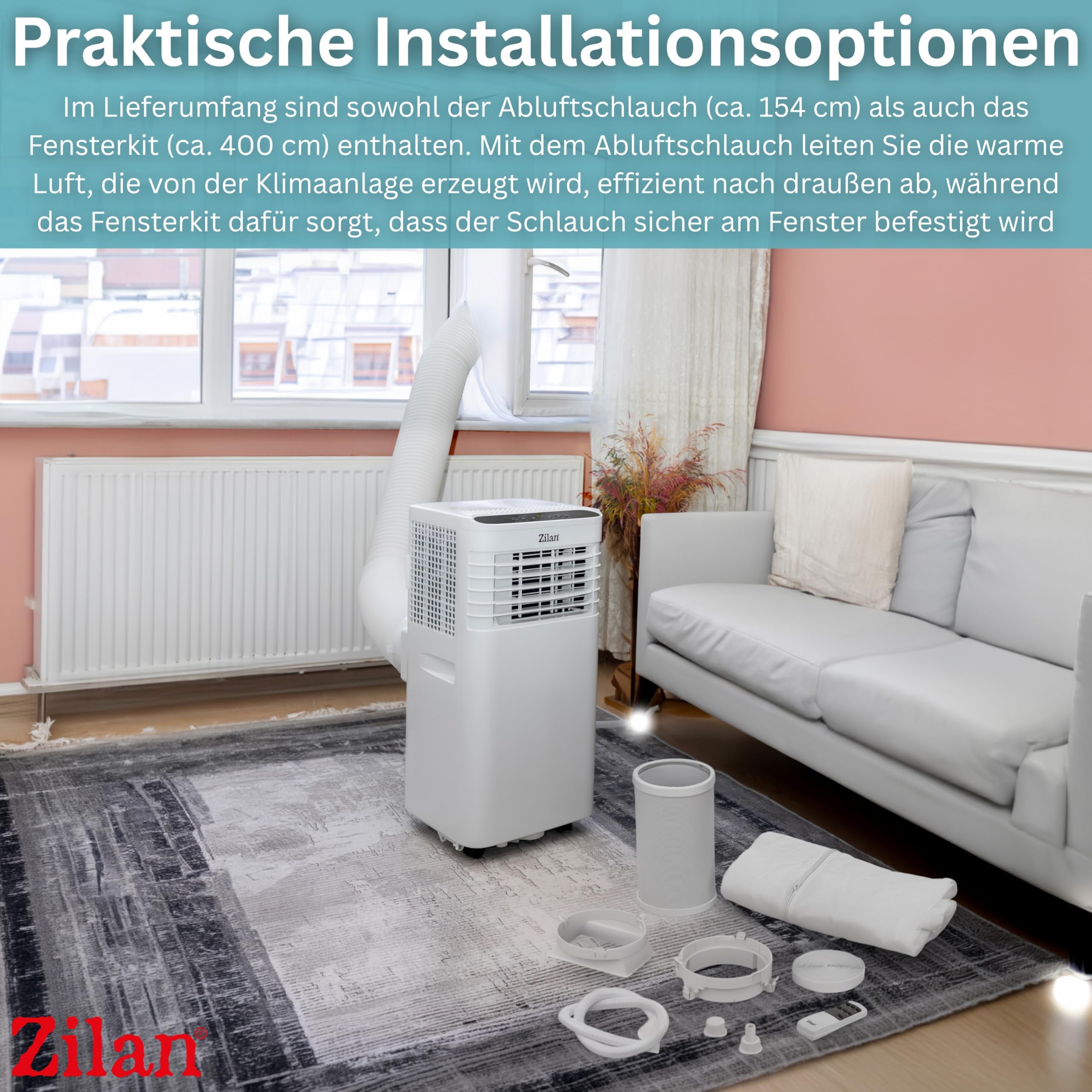 Zilan Mobile Klimaanlage 9000 BTU 3-in-1 Mobiles Klimagerät mit Abluftschlauch & Fensterkit – Kühlen, Entfeuchten & Ventilator, für Räume bis 50 m², 24h Timer, Schlafmodus, LED Display, Fernbedienung