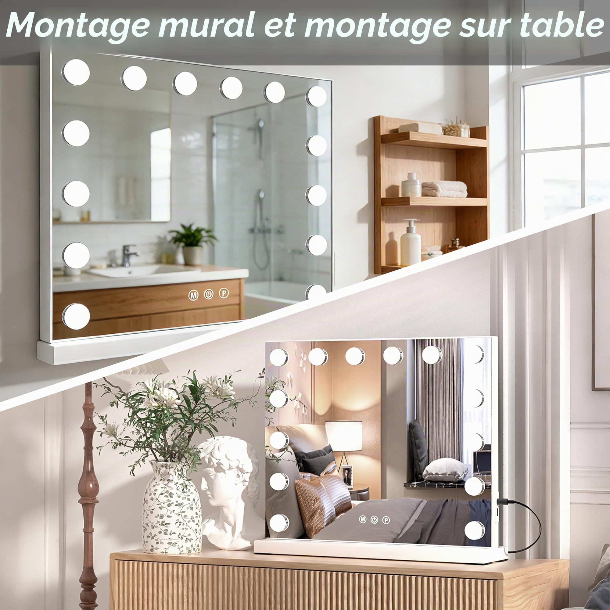 SURFOU Hollywood Miroir de Coiffeuse avec éclairage, 14 lumières LED avec 3 températures de Couleur, Miroir cosmétique à intensité Variable avec Ports de Charge, contrôle Tactile, 50 x 40 cm (Blanc)