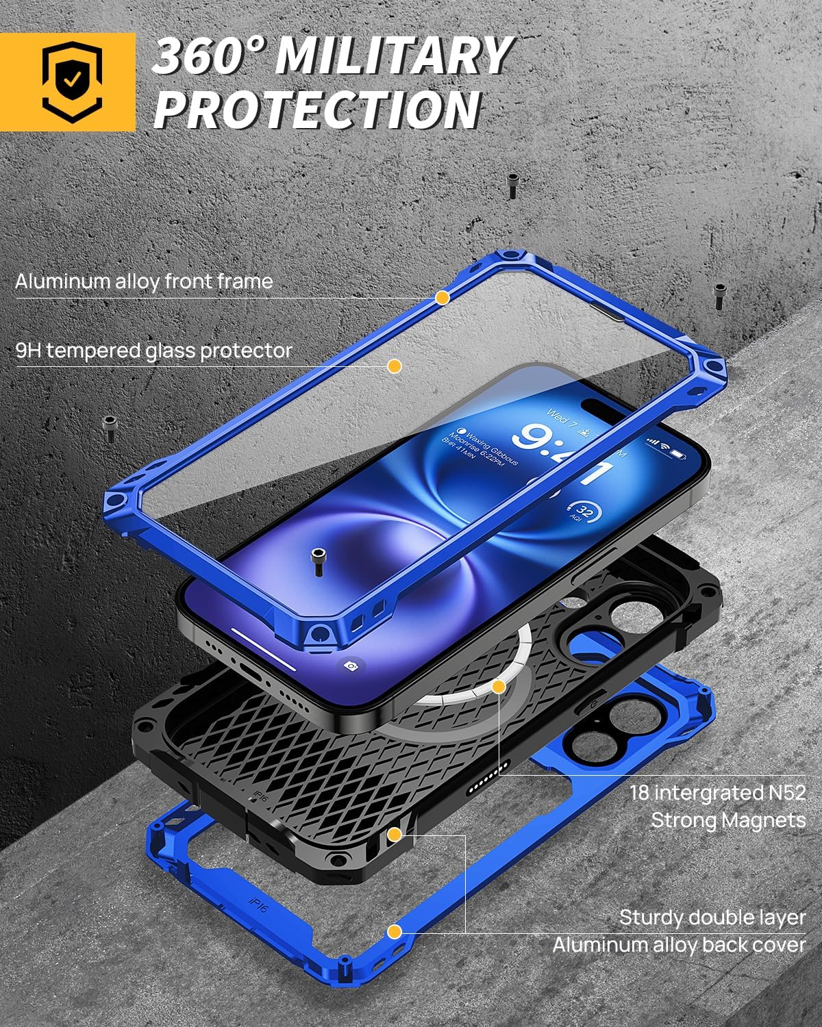 Lanhiem for iPhone 16 Metal Case with Camera Cover & Stand [Compatible with MagSafe] [Built-in Kickstand] [Military-Grade Protection] Heavy Duty Rugged Magnetic Phone Case, (Blue)