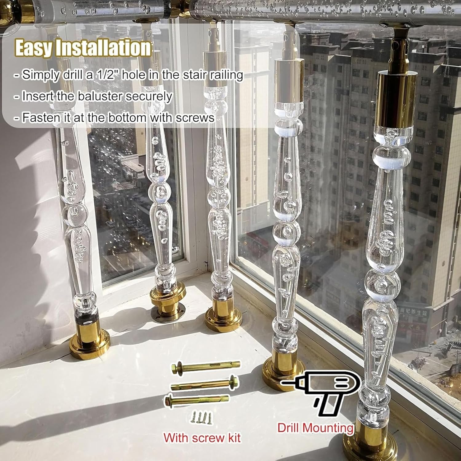 Clear Acrylic Stair Balusters with Mounting Hardware, Decorative Indoor Railing Spindles, 27 to 47 Inch Tall for Decks and Staircases