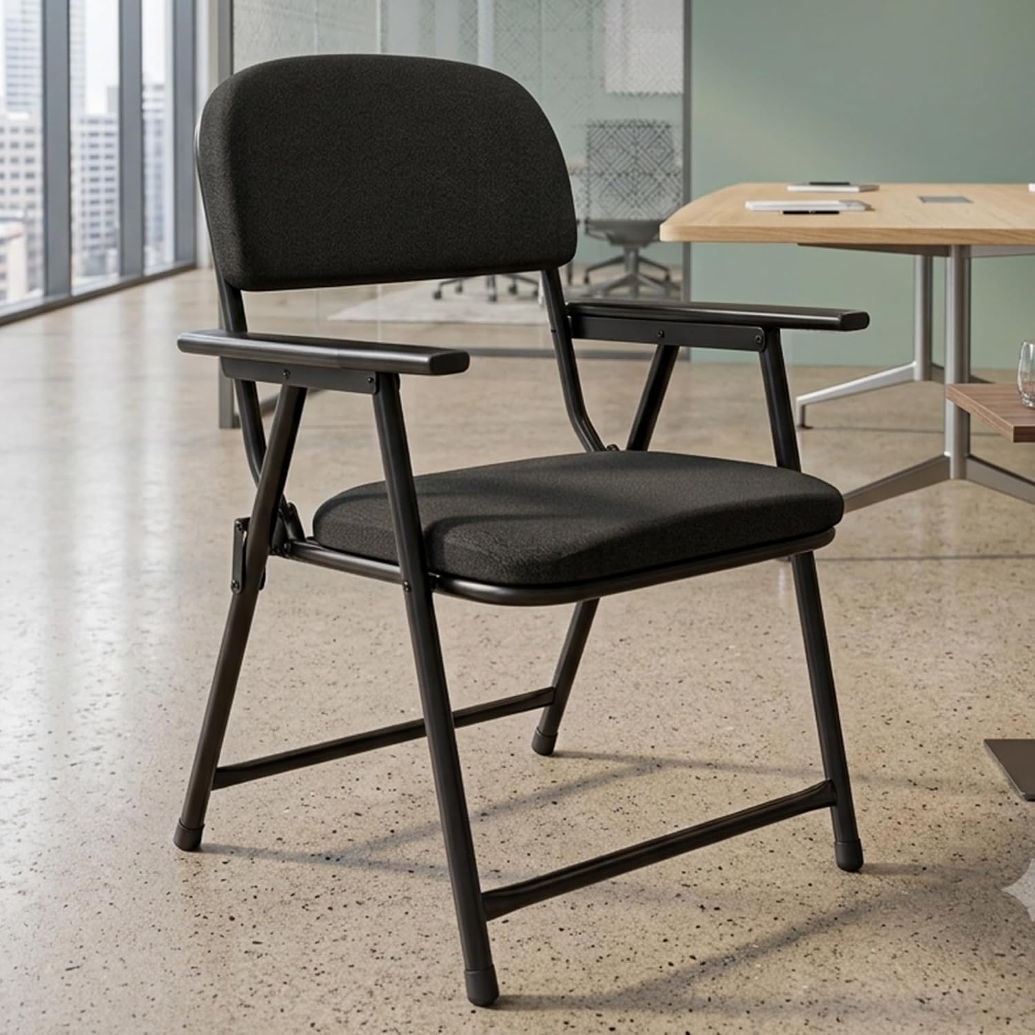 MRC Executive Folding Office Visitor Chair with Armrest | Heavy Duty Metal Frame Cushioned Training & Study Chair for Home, Office & Conference Room (Black)