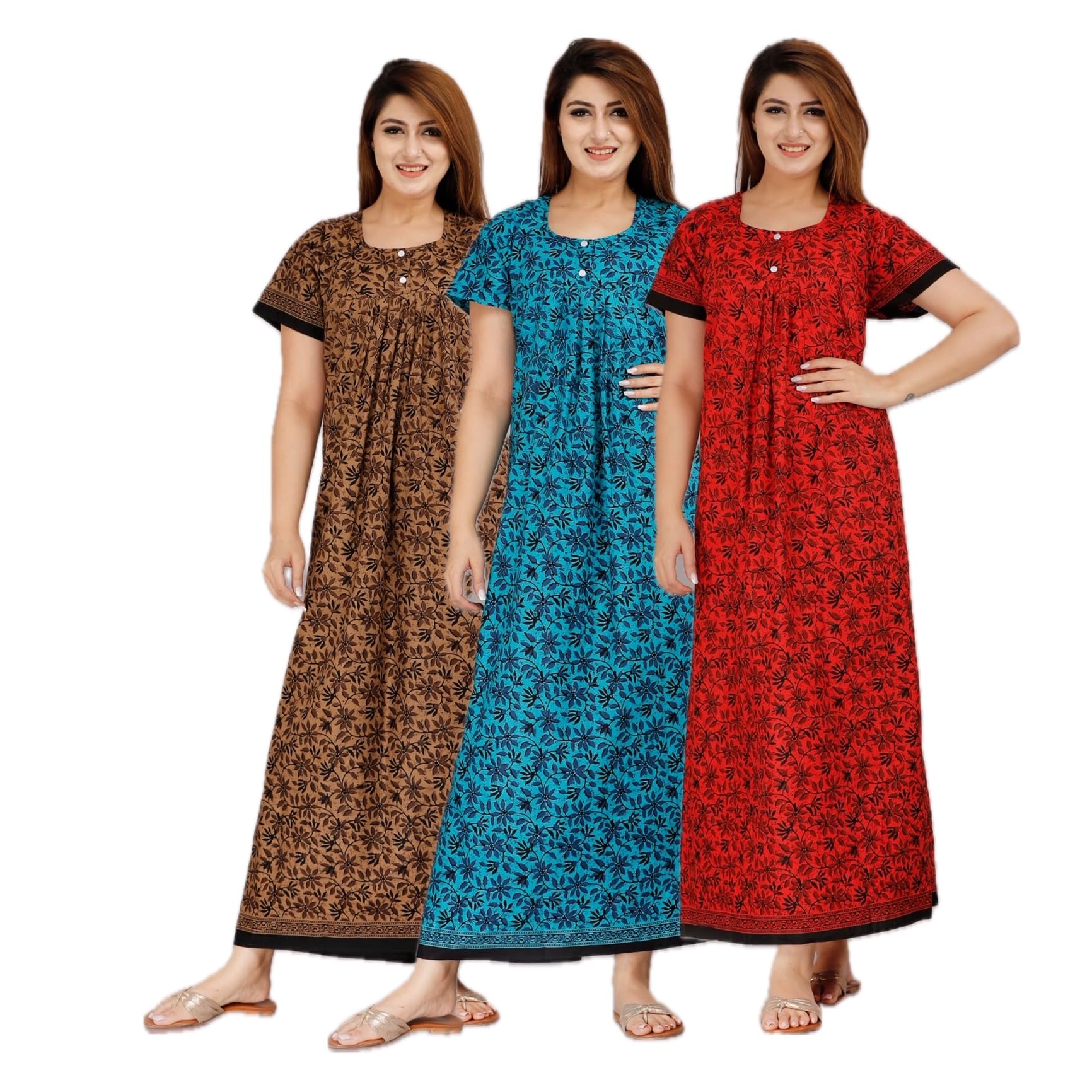 Maya printWomen's Pure Cotton Regular Nighty Rajasthani Gown Jaipuri Maxi Gown (Pack of 3)