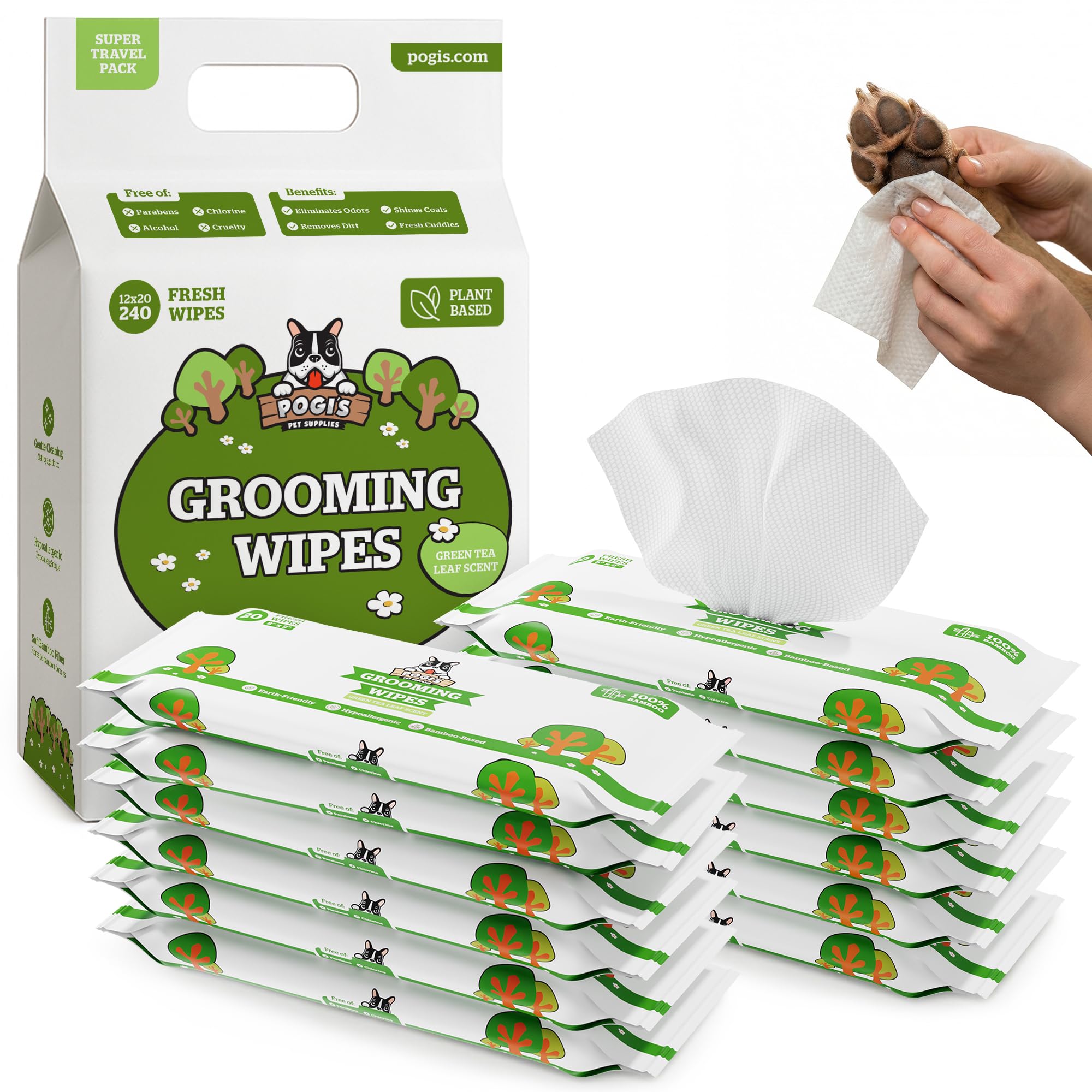 Pogi’s Feuchttücher für Hunde – Doppelpack Reisegröße, mit Grüner-Tee-Duft, hypoallergen, mit Bambusfasern – 240 Stück (12×20)