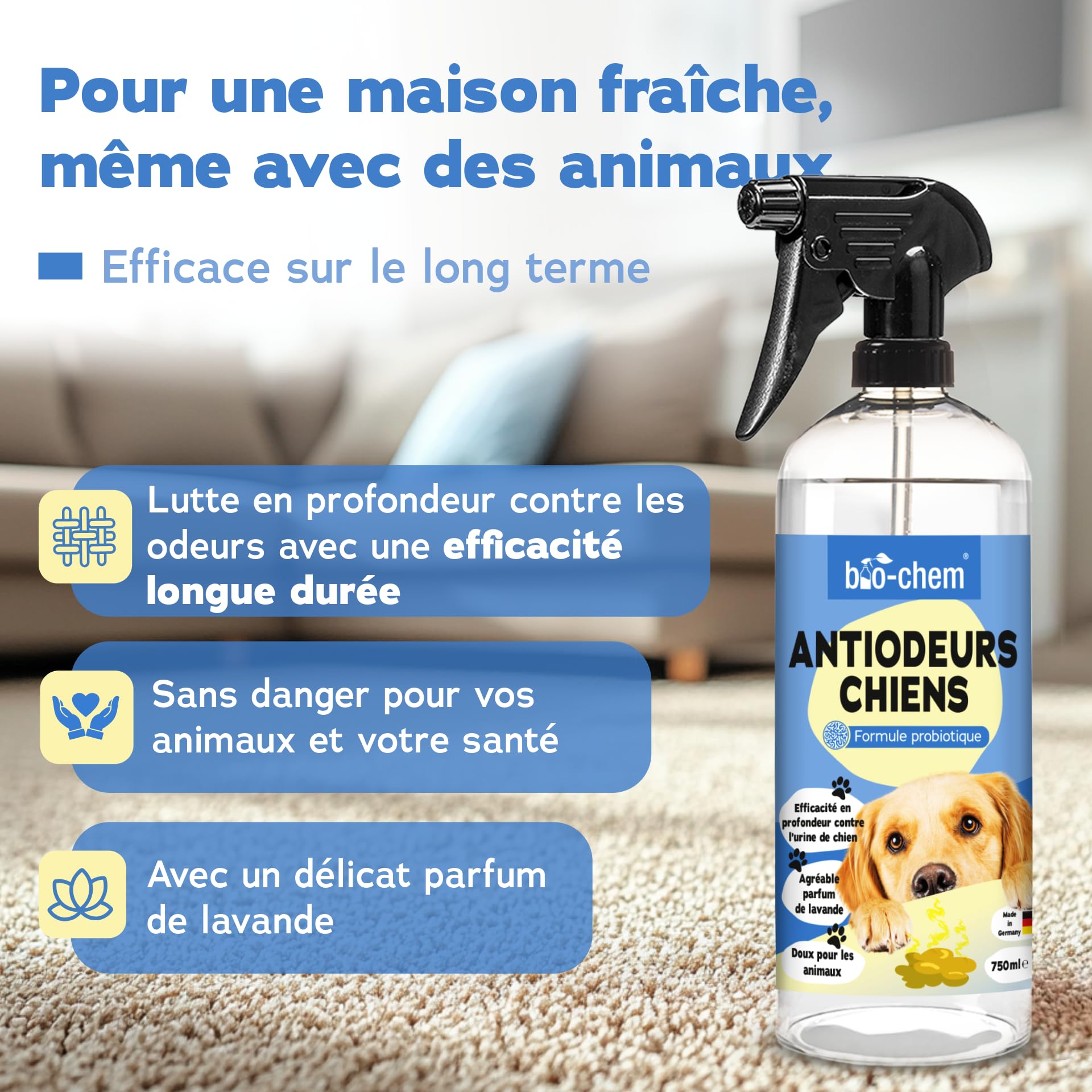 bio-chem Nettoyant anti odeur chiens 3 x 750 ml | Désodorisant destructeur d odeur urine chien- Nettoyage litiere pour chien - produit menager entretien maison