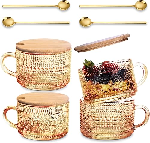 Ollieroo 4 tazas de café, tazas de café vintage, recipientes de avena durante la noche con tapas y cucharas, vasos de café de 14 onzas, juego de