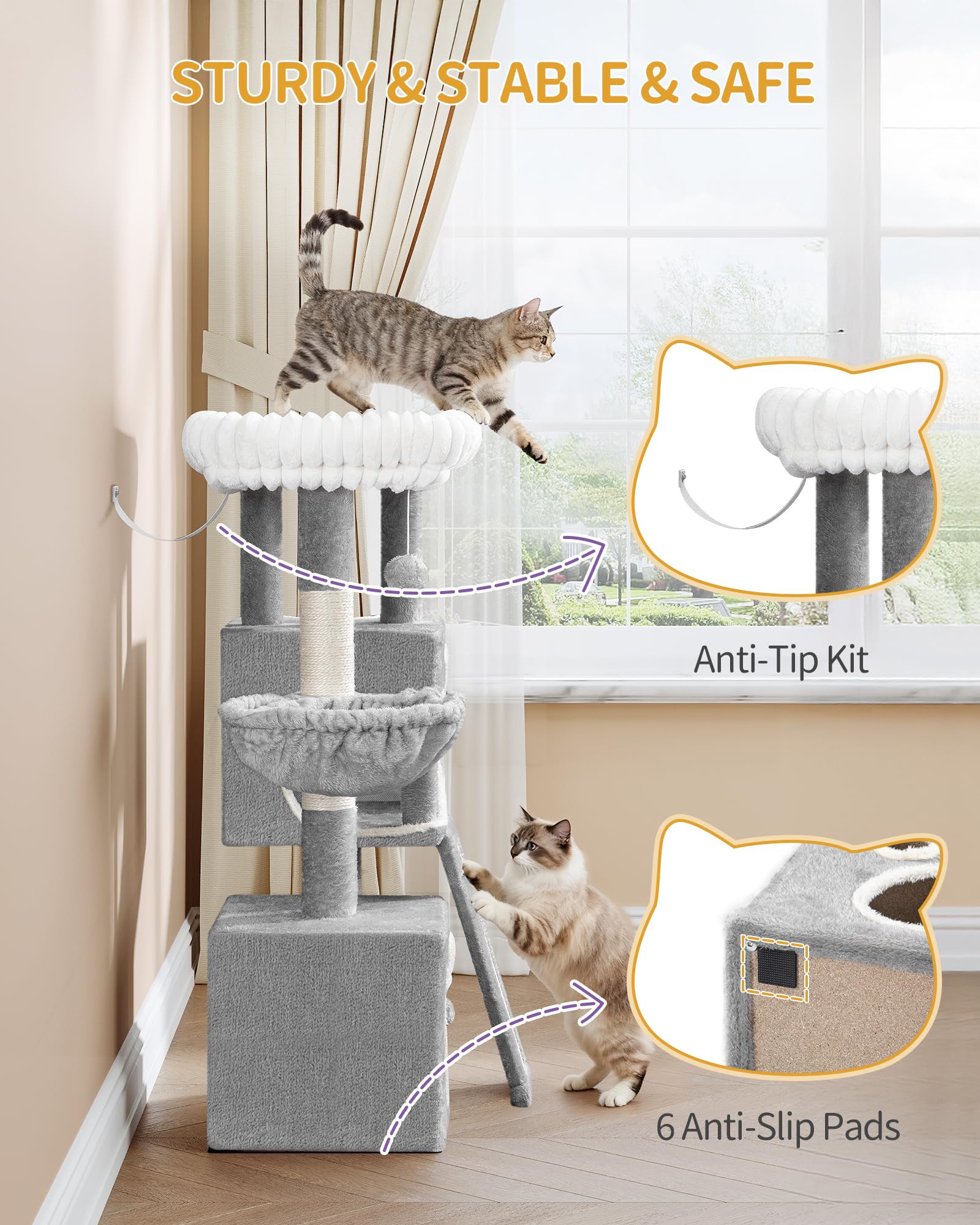 Hzuaneri Árbol para Gatos 98 cm, Rascador para Gatos con 3 Postes, Plataforma, 2 Cuevas, Cesta, Pompón, Multinivel, Gris Claro MS10118LG | Mueble de casa de gatos multinivel con poste rascador, 2 cuevas, plataforma grande, pompón, MS10118LG