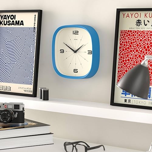 Miniatura 5 de JONES CLOCKS Pulsar - Reloj de pared  Reloj retro cuadrado redondeado  10 pulgadas  Azul  Aspecto de diseñador genial para cocina, sala de estar u