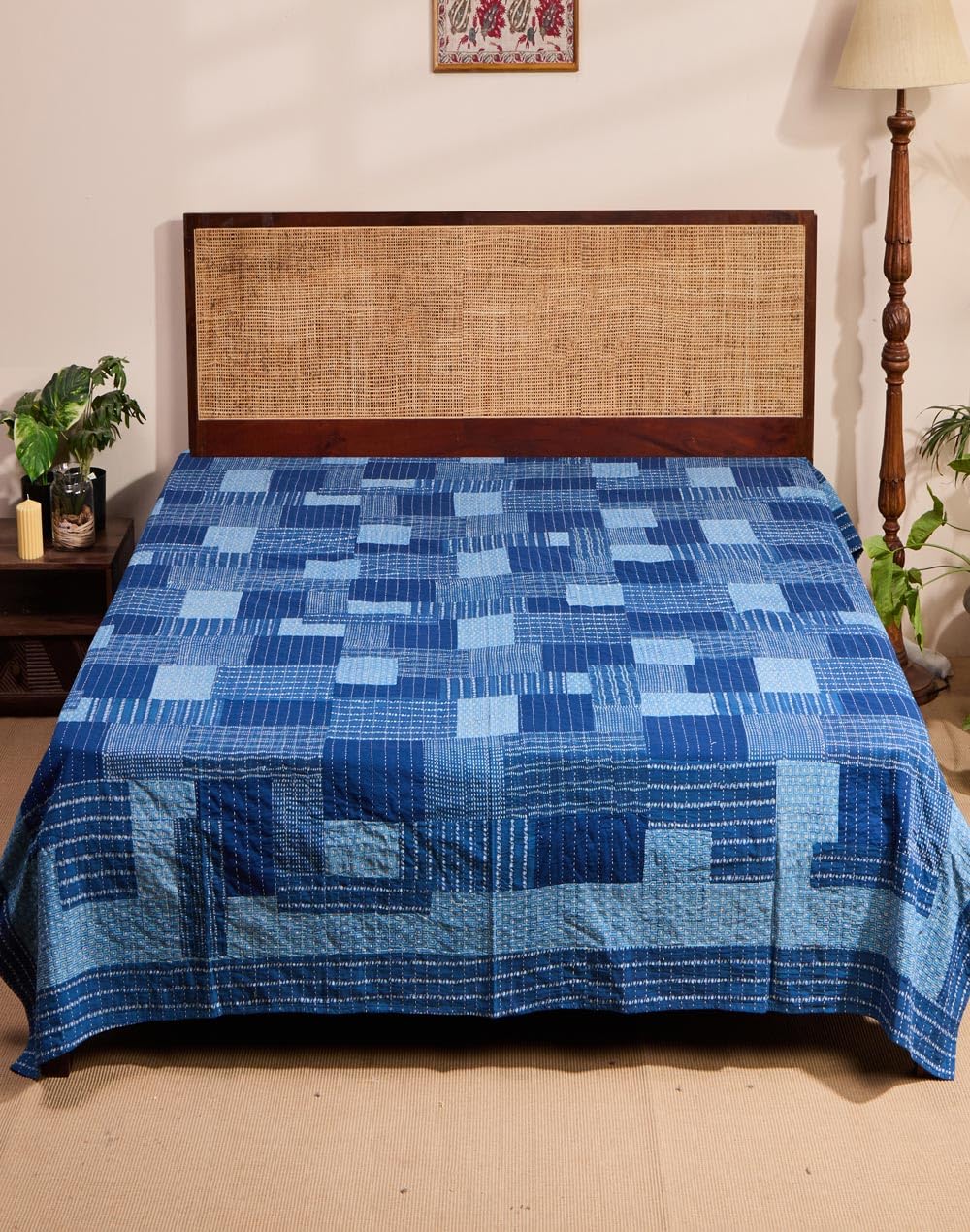 Fabindia Indigo Roshan Gudri Embroidered Cotton Bed Cover-image-36