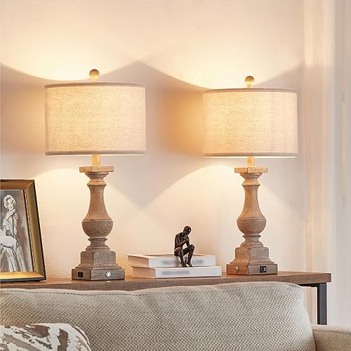 Kyrid Juego de 2 lámparas de mesa regulables de 3 vías de 25.5 pulgadas con control táctil rústico con puertos de carga USB duales para dormitorio, disponible en Yaxa Peru