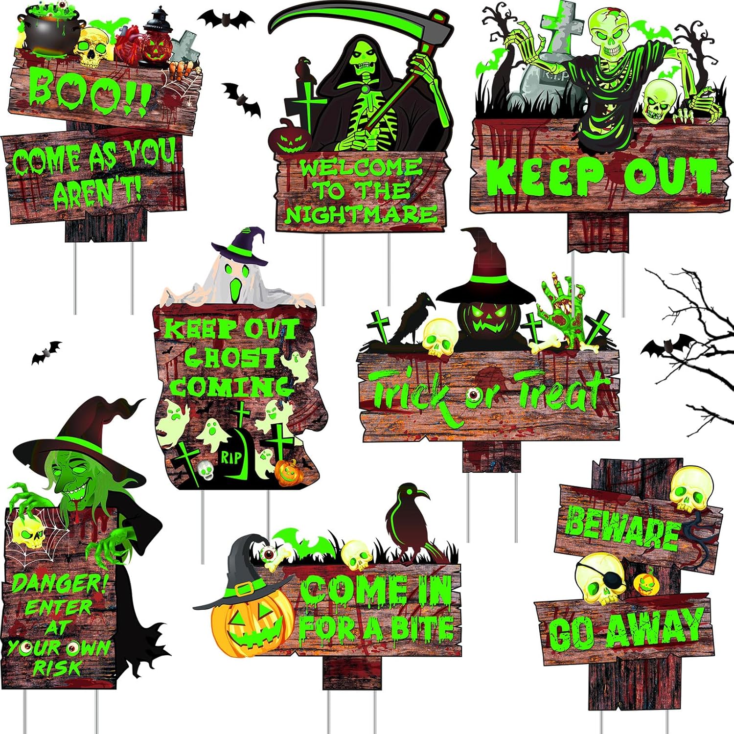 Jetec 8 Pcs Halloween Decorations Outdoor Glow in the Dark Beware Yard Signs Stakes Creepy Assorted Warning Sign Scary Zombie Theme Party Decor Supplies for Outdoor Lawn Yard Garden