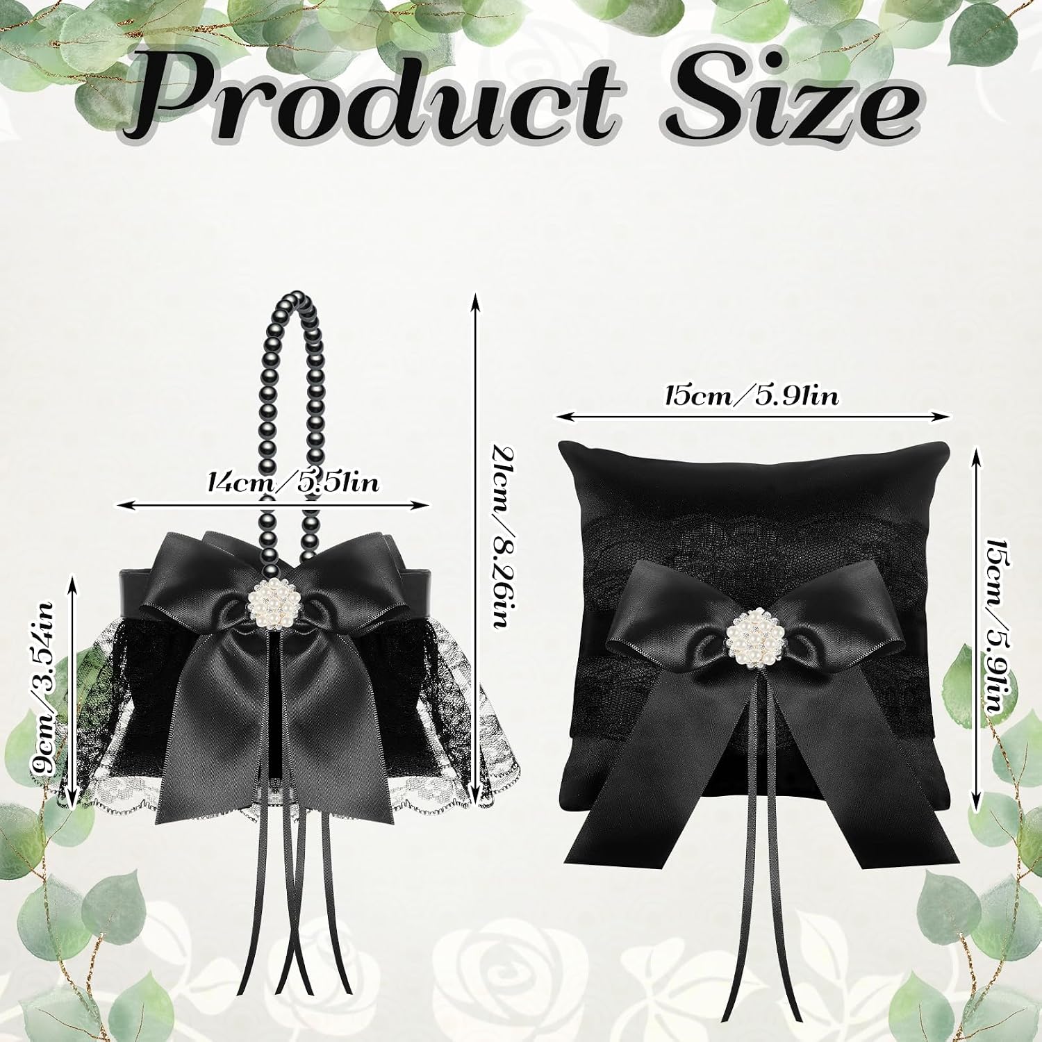 2 Pcs Wedding Black Flower Girl Baskets and Ring Bearer Pillow Set, Black Satin Lace Flower Baskets with Pearl Handle, Bowknot Ring Pillow for Weddings Ceremony Banquet Home Decoration