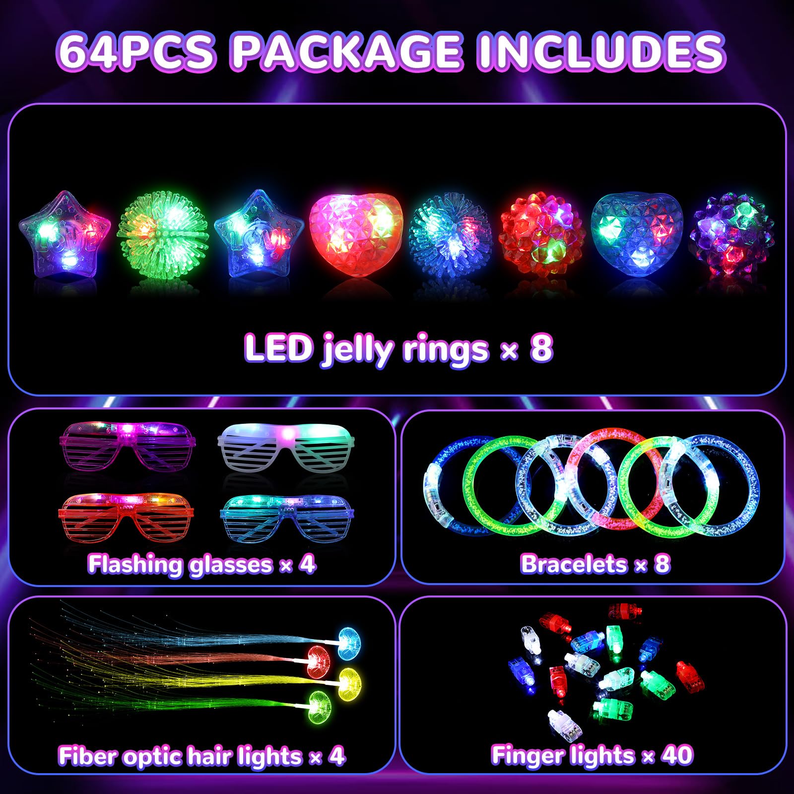Mikulala 64PCS LED Light Up Toys Party Pack, Glow in The Dark Party Accessories Supplies with Finger Lights(40) - Image 2
