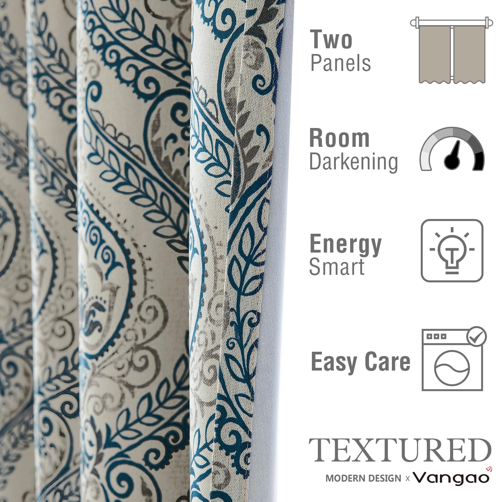 Vangao Lot de 2 Rideaux occultants damassés à imprimé Cachemire Bleu pour Chambre à Coucher et Salon, Rideaux Vintage texturés en Lin, 243,8 cm, Bleu sur Beige