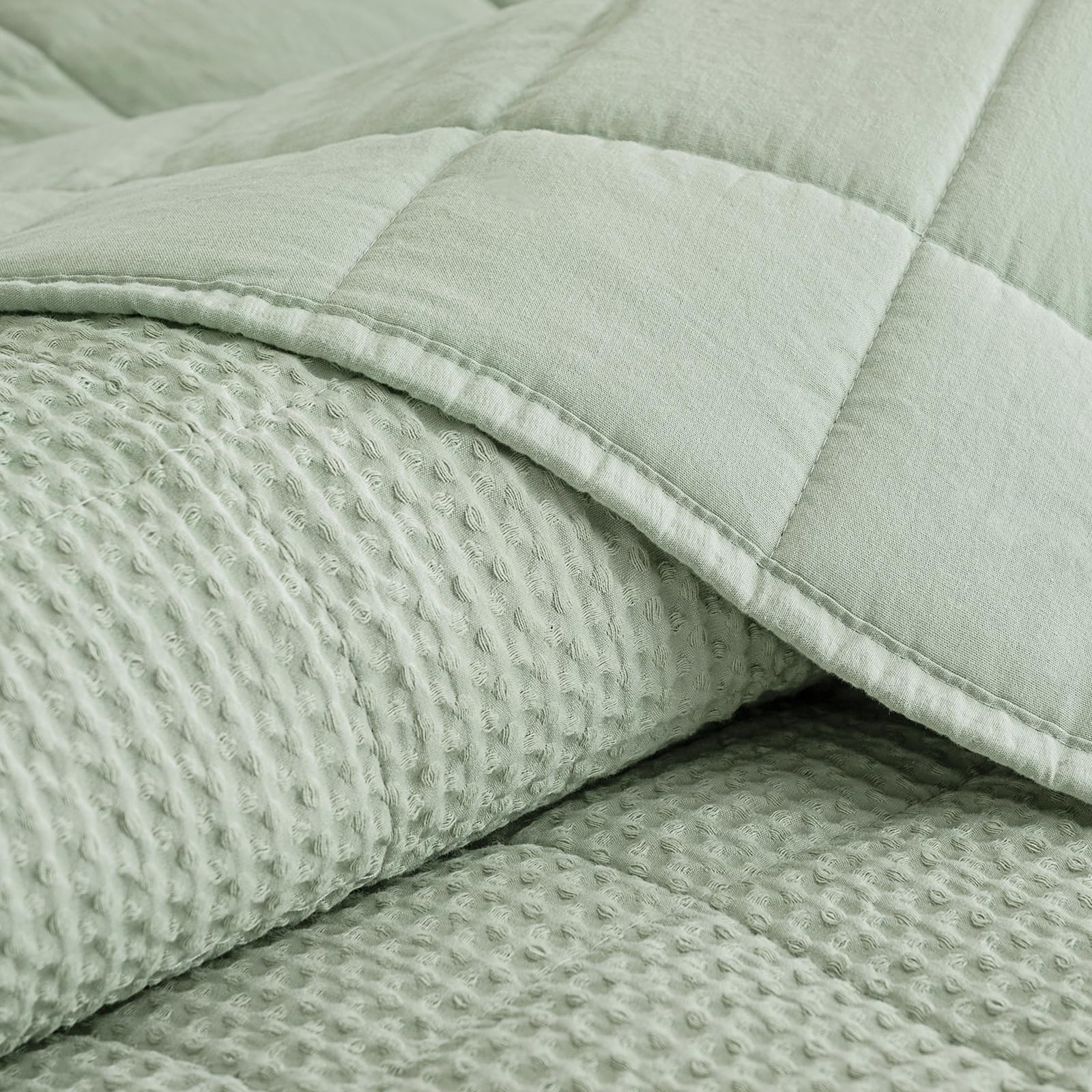 phf 100% washed cotton waffle quilt set king size(106"x90")-lightweight with square-box channel, cozy quilted bedspread set, home decor, 1 soft coverlet with 2 matching shams, sage green