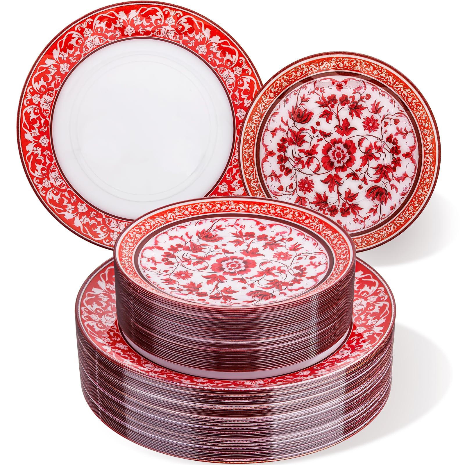 Hioasis 60pcs Red Plastic Plates Set - Floral Red & White Porcelain Design, 10.25" Dinner & 7.5" Dessert Plates Disposable for Christmas (Dishwasher Safe, Art Style)