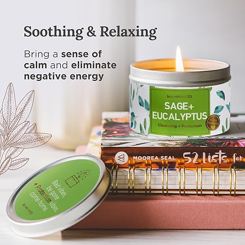 Miniatura 4 de Magnificent 101 Vela perfumada de salvia + eucalipto de larga duración  6 onzas - 35 horas de combustión  Vela de cera de soja natural y orgánica