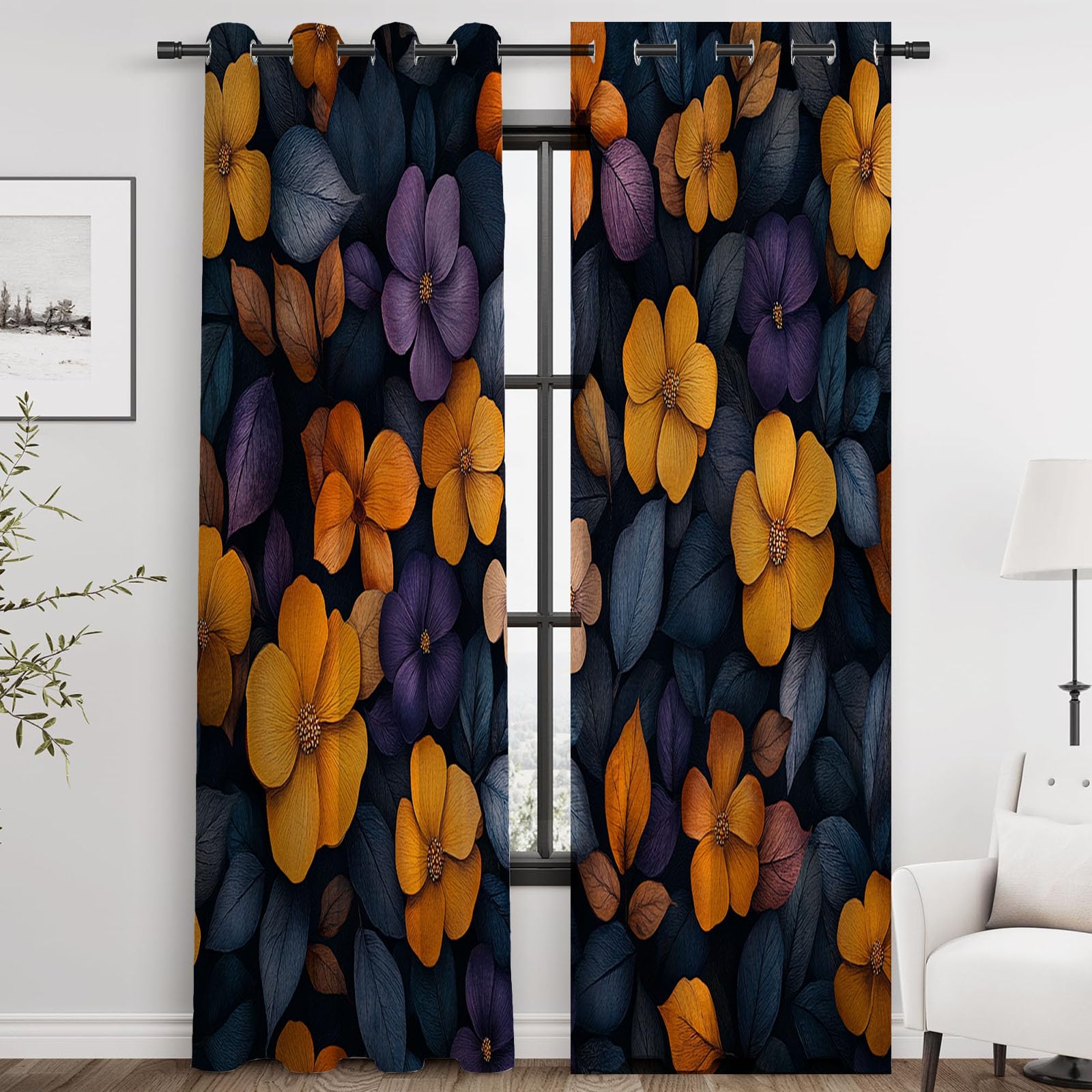 Blickdichte Vorhänge, Buntes Orangen-Lila-Blumenmuster Abstrakt Luxus Modern Muster Gardinen, für Wohnzimmer Schlafzimmer-H240 x B140 cm (2er Pack)
