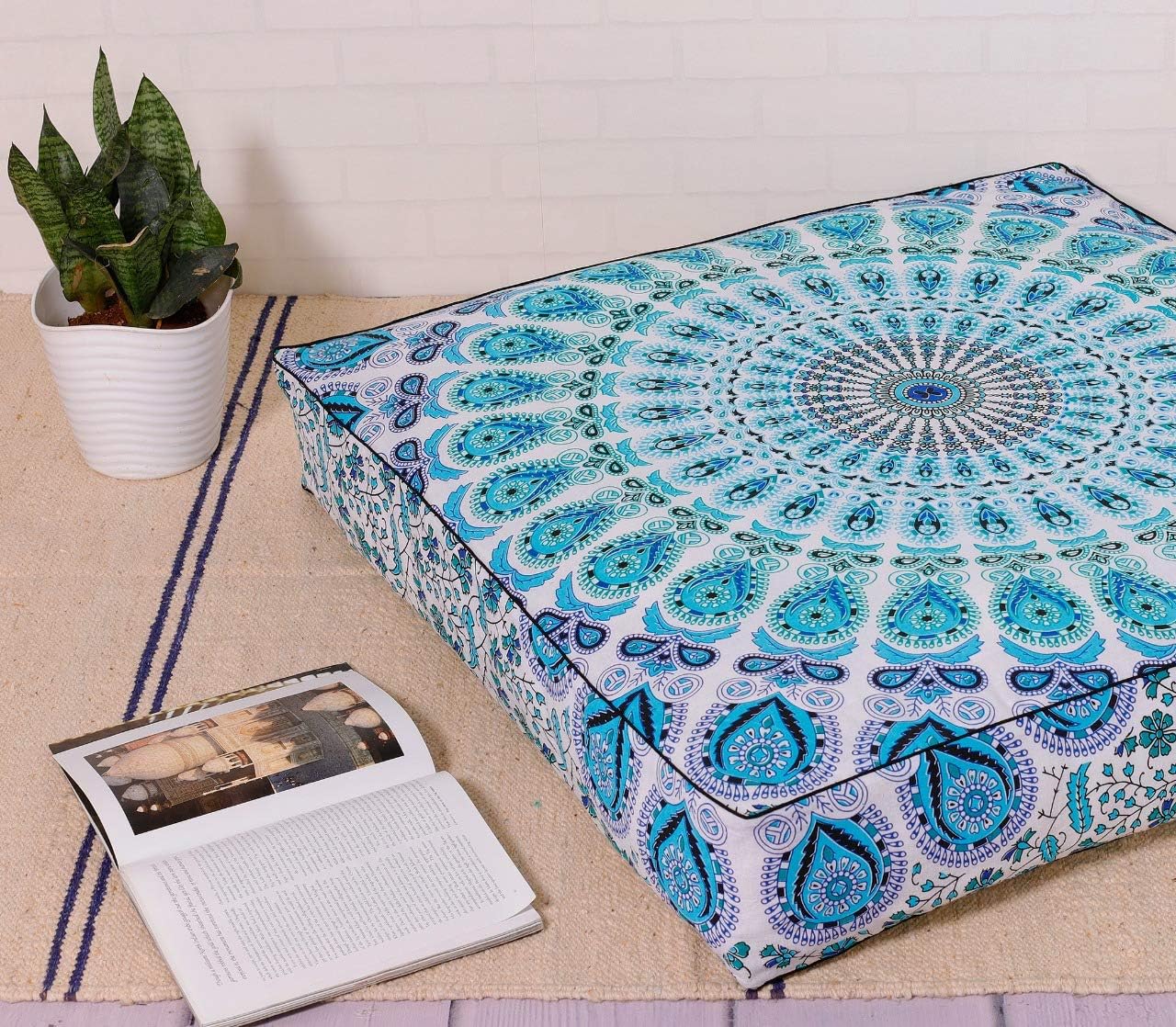 Craft Kala Gold Mandala Floor Pillow Cover – 16" Square Bohemian Pouf Case For Meditation & Decor