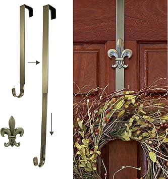 Haute Decor Adapt Adjustable Length Wreath Hanger with Removable Icon Antique Brass - Fleur De Lis - Wreath Hanger for Front Door with Snap On Decoration