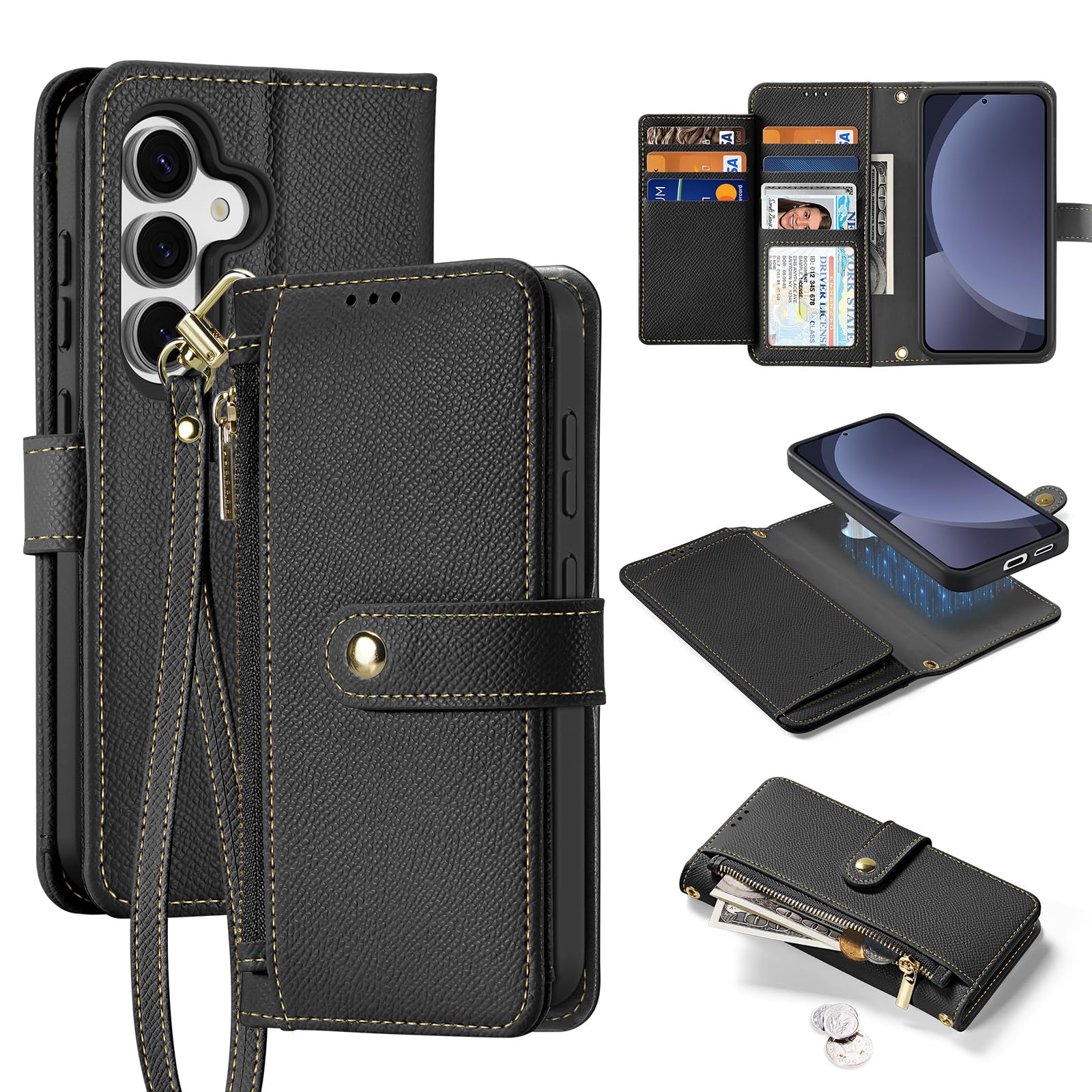 Funda Tipo Cartera para Samsung Galaxy Galaxy 25, Anillo Magnético, Bloqueo RFID, Tarjetero de Cuero Sintético PU, Bolsillo con Cremallera, Soporte y Correa de Muñeca, Negro
