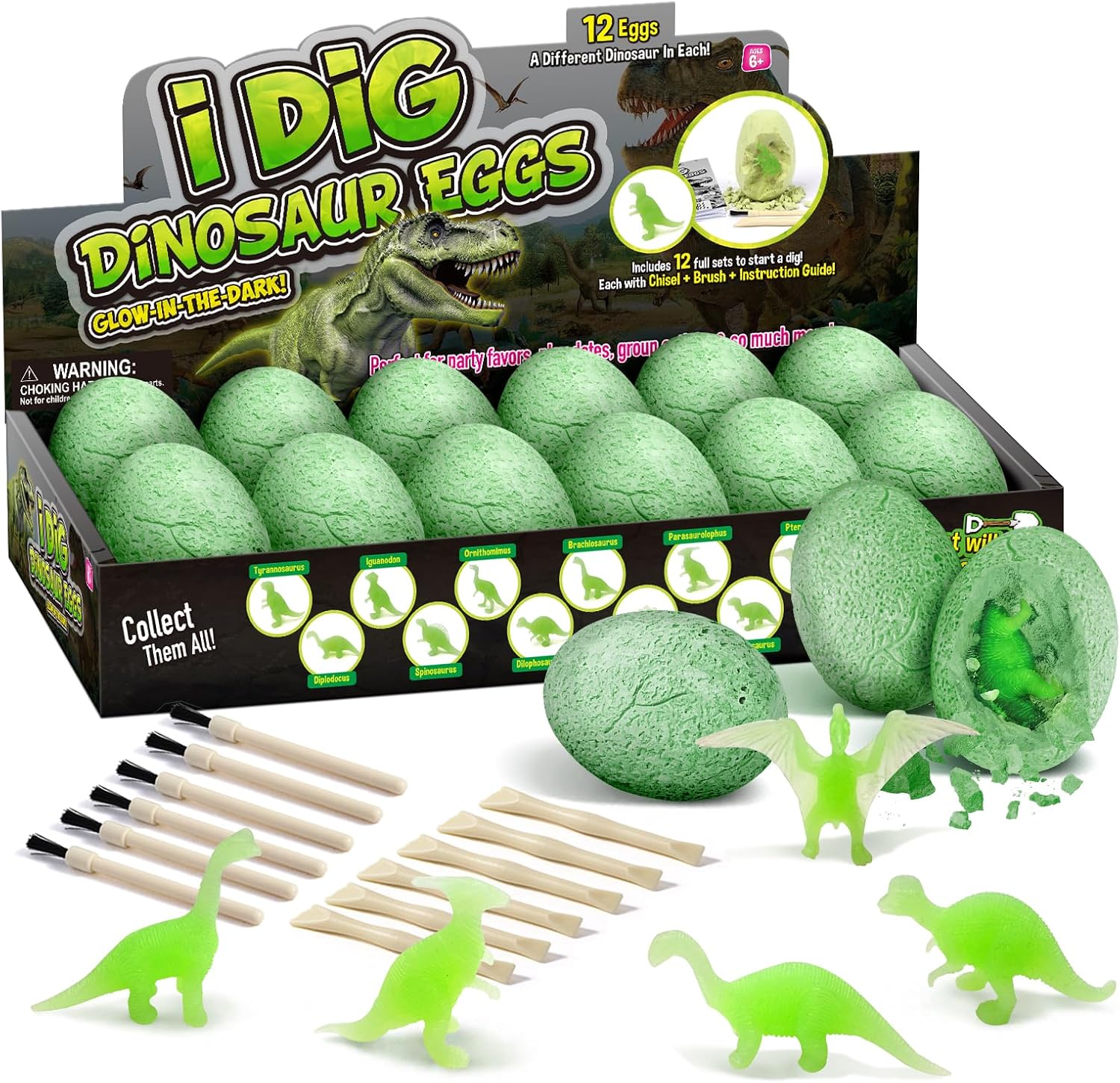 Gamerside Dinosaur Eggs Dig Kit, 12 Glow-in-The-Dark Dinosaur Toys, STEM Science Experiments, Educational Digging Activities, Party Supplies & Birthday Gifts for Kids 6-12