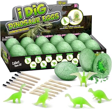 Dinosaur Eggs Dig Kit, 12 Glow-in-The-Dark Dinosaur Toys, STEM Science Experiments, Educational Digging Activities, Party Supplies & Birthday Gifts for Kids 6-12