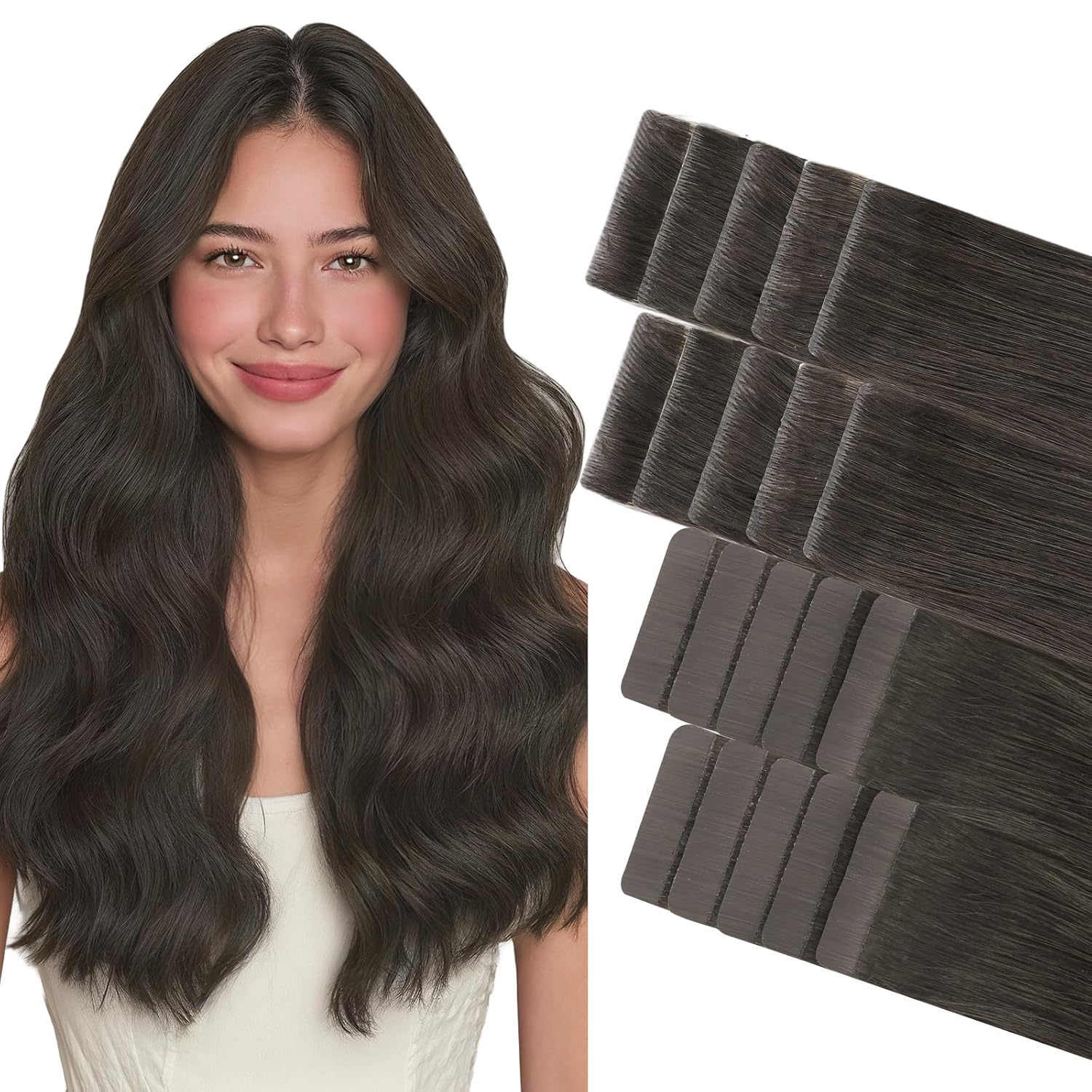 GOO GOO Invisi Edge Tape in Hair Extensions Human Hair, 1C Mocha Brown10pcs injected with 10pcs classical tape ins, 22inch 50g, Virgin Remy Hair, Natural Look