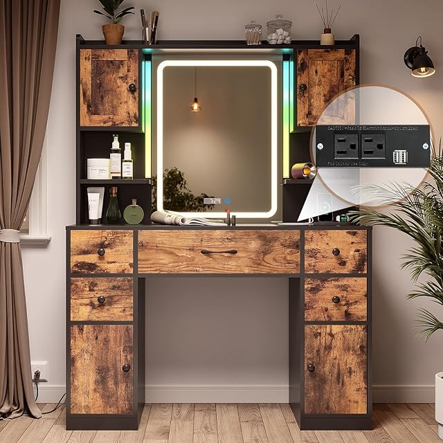 Tiptiper Makeup Vanity Desk with Mirror and Lights, Large Vanity Table with Time Display & Charging Station, Dressing Table with 5 Drawers & 4 Cabinets, Vintage Brown & Black