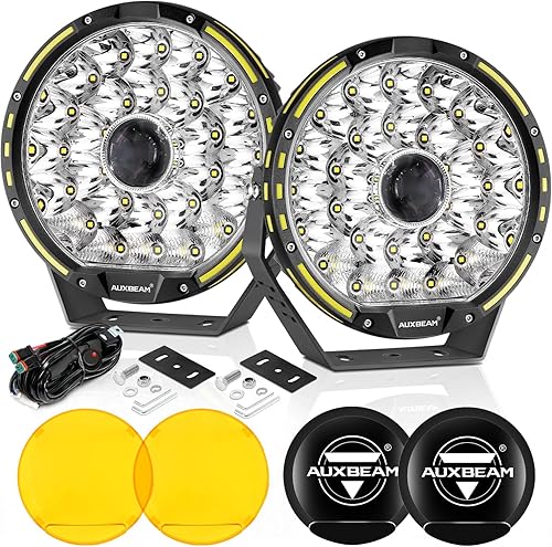 Auxbeam Kit combinado de luces redondas para todo terreno de 9 pulgadas con cubiertas amarillas y negras, 270 W 37776 lúmenes, luz de conducción LED
