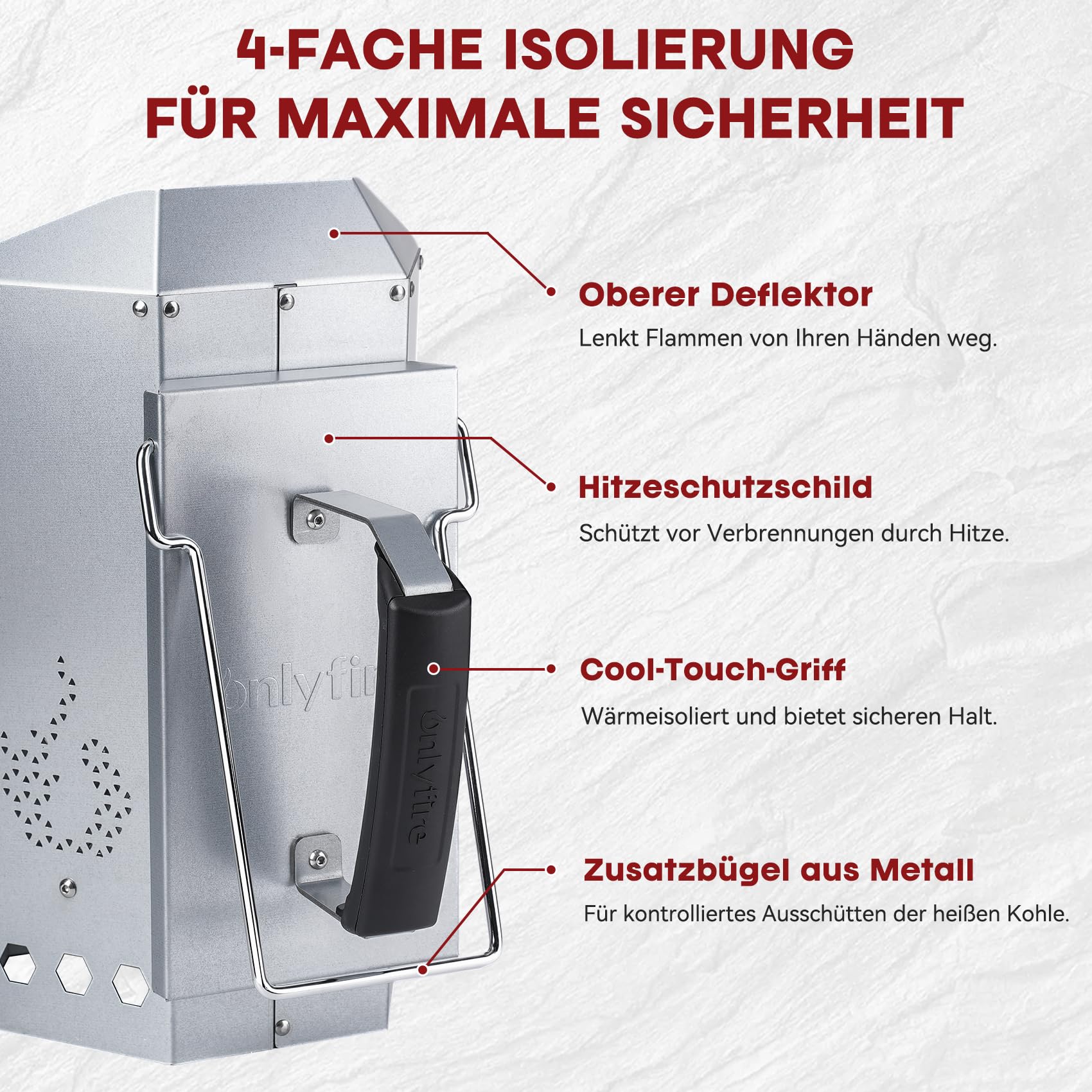 onlyfire Anzündkamin Stahl, Kompakter Grillkohleanzünder mit Griff Hitzeschutzblech, Haltebügel, Rapidfire Grillstarter für Holzkohlegrills, Rapidfire Chimney Starter, Kohlestarter für Holzkohle