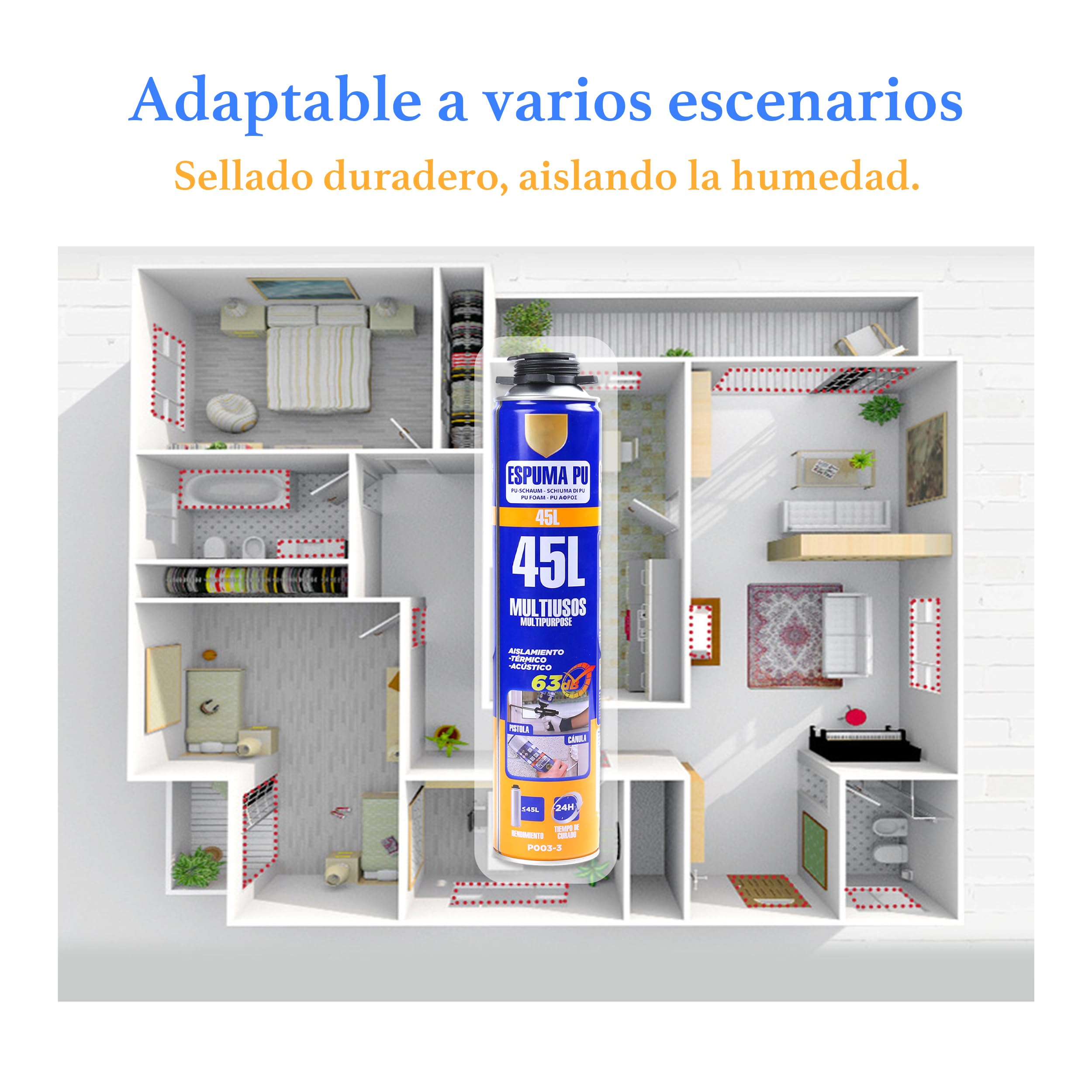 Espuma de Poliuretano 750ml con Cánula – Aislamiento Térmico y Acústico – Expansiva y de Secado Rápido – Para Construcción, Sellado y Reparación de Grietas, Pack de 12 unidades