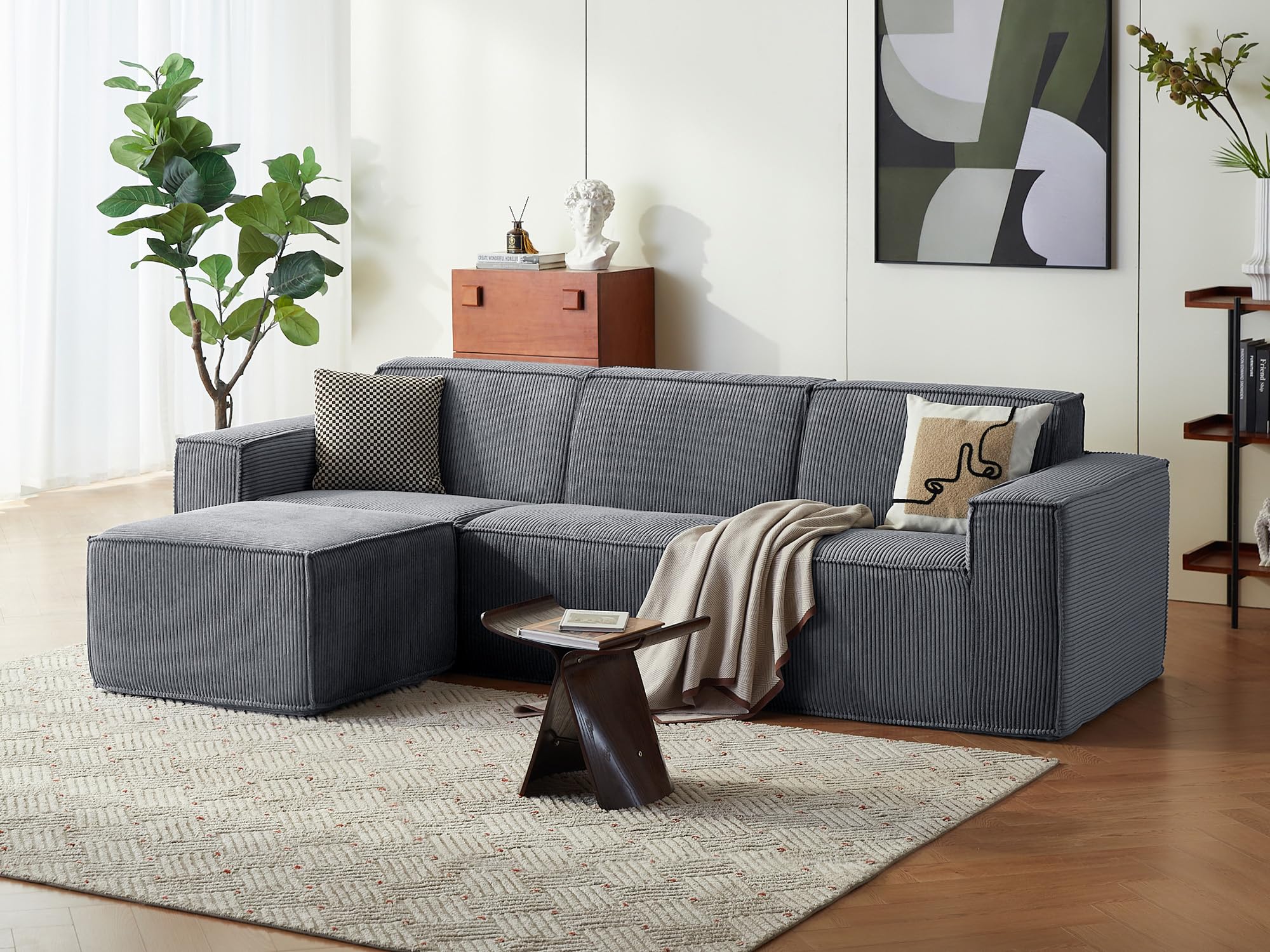 LINSY HOME Corner Sofa with Sleep Function - 266 cm Modular Sofa Bed, L Shape Couch, Sectional Sofas for Living Room, No Assembly Required ⟮Corduroy, Dark Grey, 3 Seats with Ottoman⟯