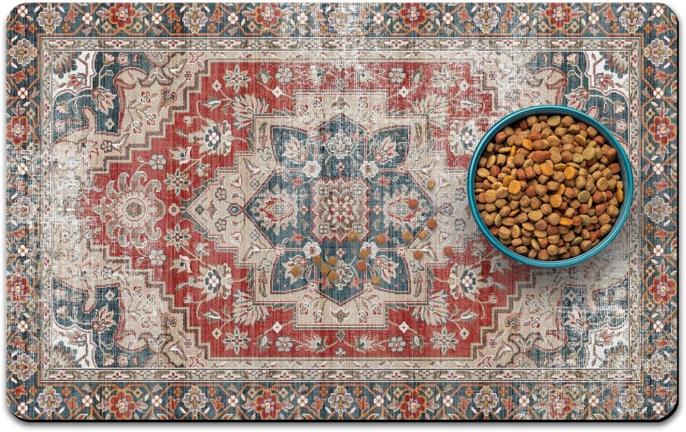 Dog Food Mats for Floors, Absorbent and Quick-Drying Pet Cat Food Mat,Anti-Fouling and Easy-to-Clean Pet Feeding Mat,Dog Bowl Mat for Messy Drinking Water Bowls.17 x32, Bohemia Style