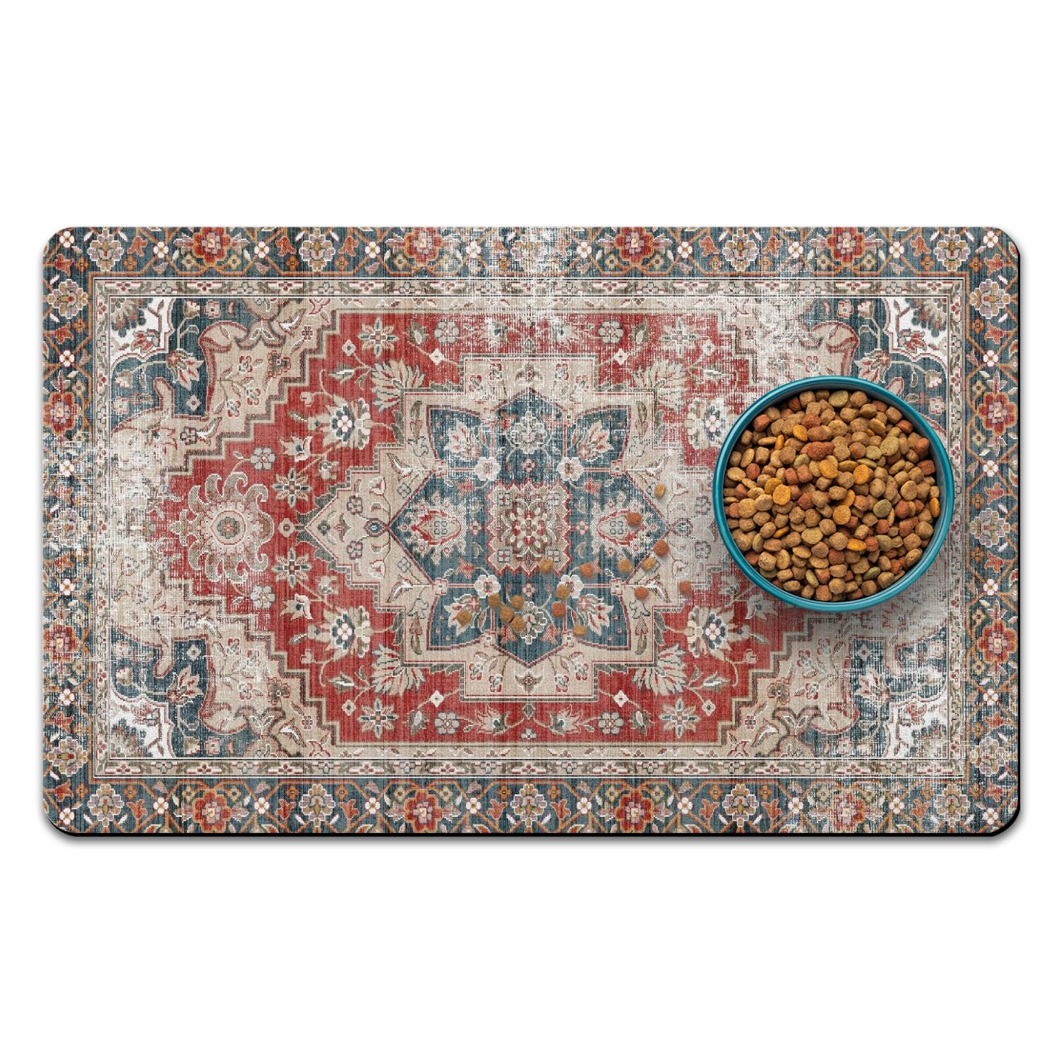 Dog Food Mats for Floors, Absorbent and Quick-Drying Pet Cat Food Mat,Anti-Fouling and Easy-to-Clean Pet Feeding Mat,Dog Bowl Mat for Messy Drinking Water Bowls.17 x32, Bohemia Style