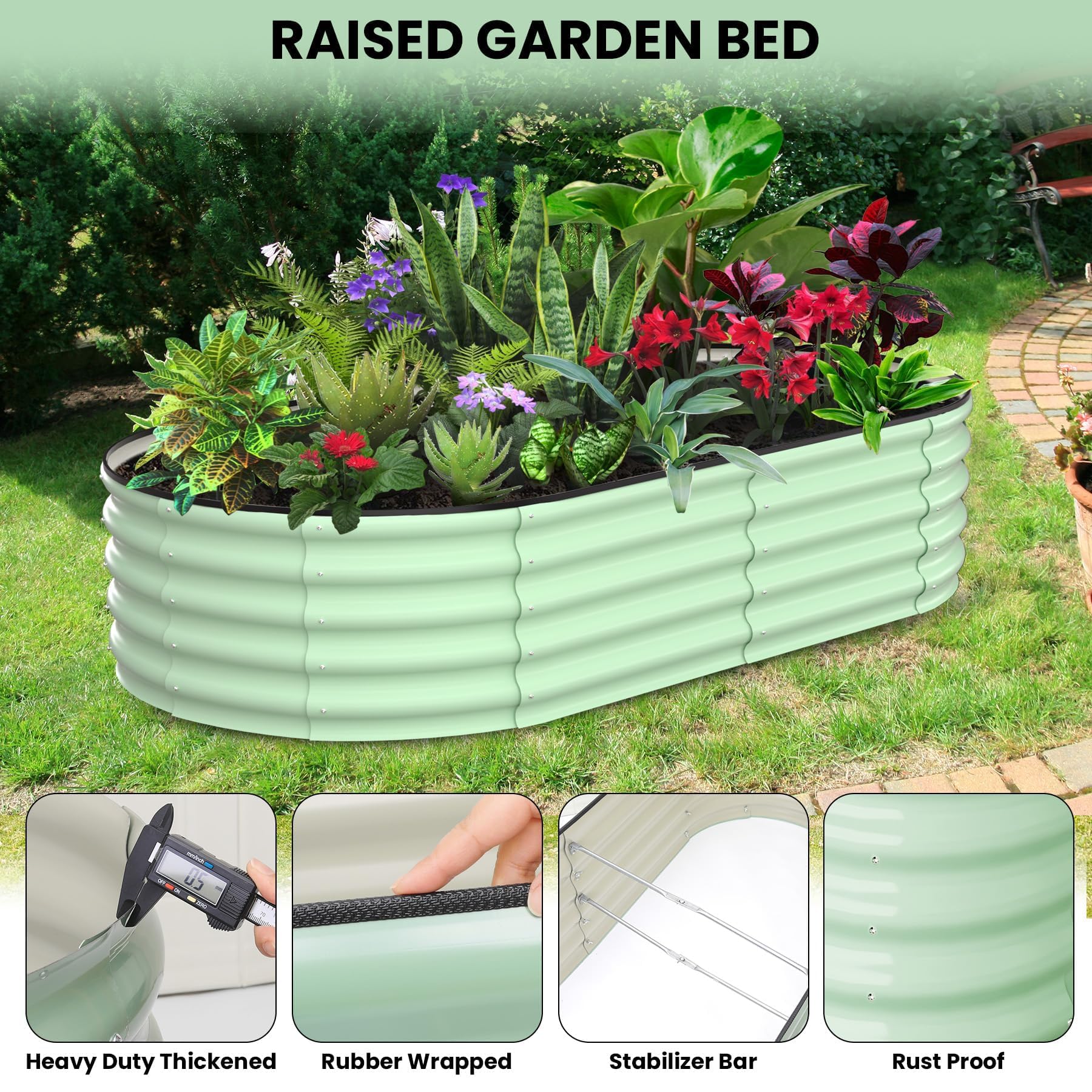 Huerto Elevado Ovalado y Circular de Pie para Exterior, Jardinería en Terraza y Balcón, Grosor 0,7 mm, 8x2x2FT Verde Oliva, para Tomates Verduras Flores Hierbas Aromáticas