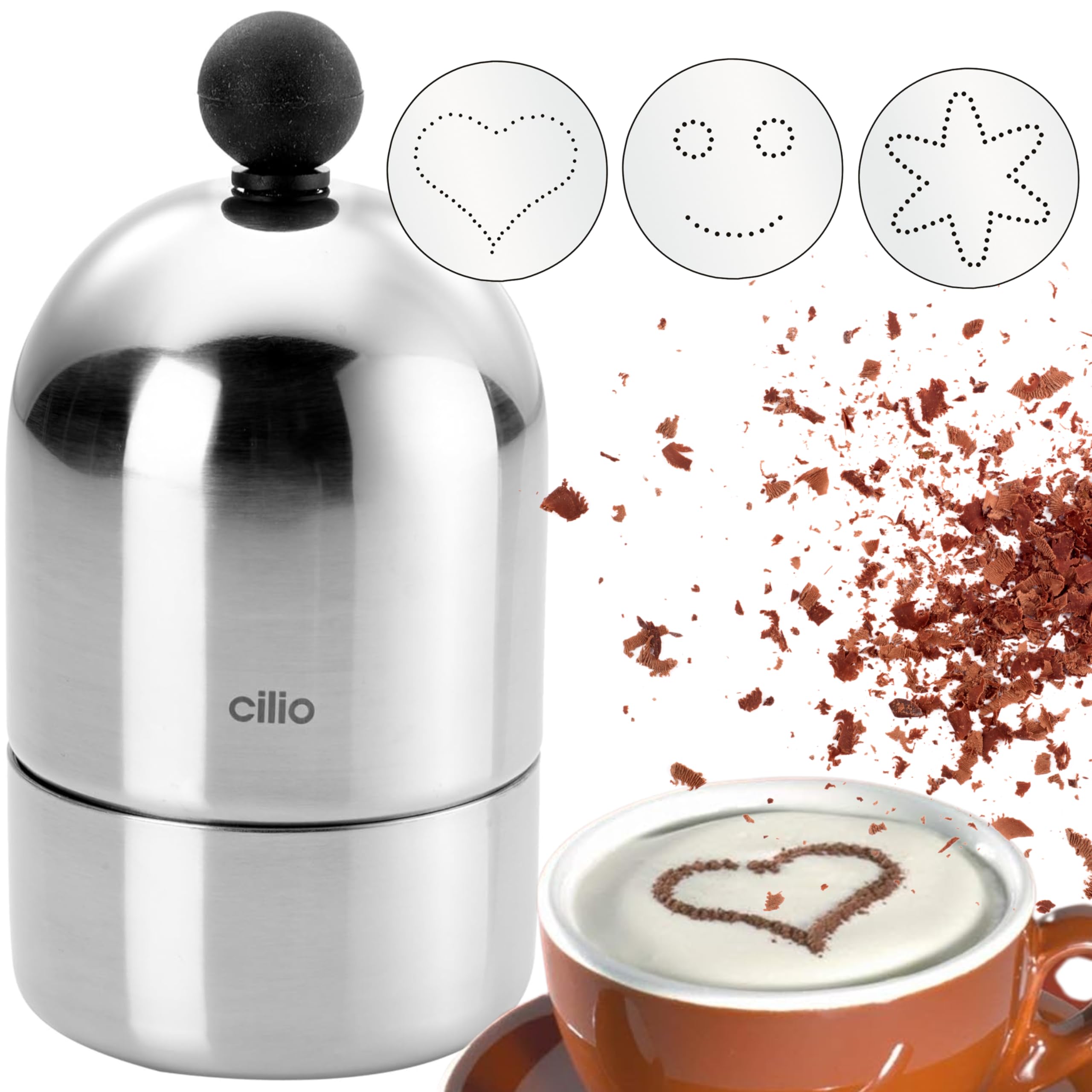 cilio Kakaostreuer mit 3 Schablonen, rostfreier Edelstahl, für Cappuccino | Dekorierstreuer, 3 Muster-Schablonen, für Latte Macchiato, für Gebäck, rostfreier Edelstahl, spülmaschinenfest