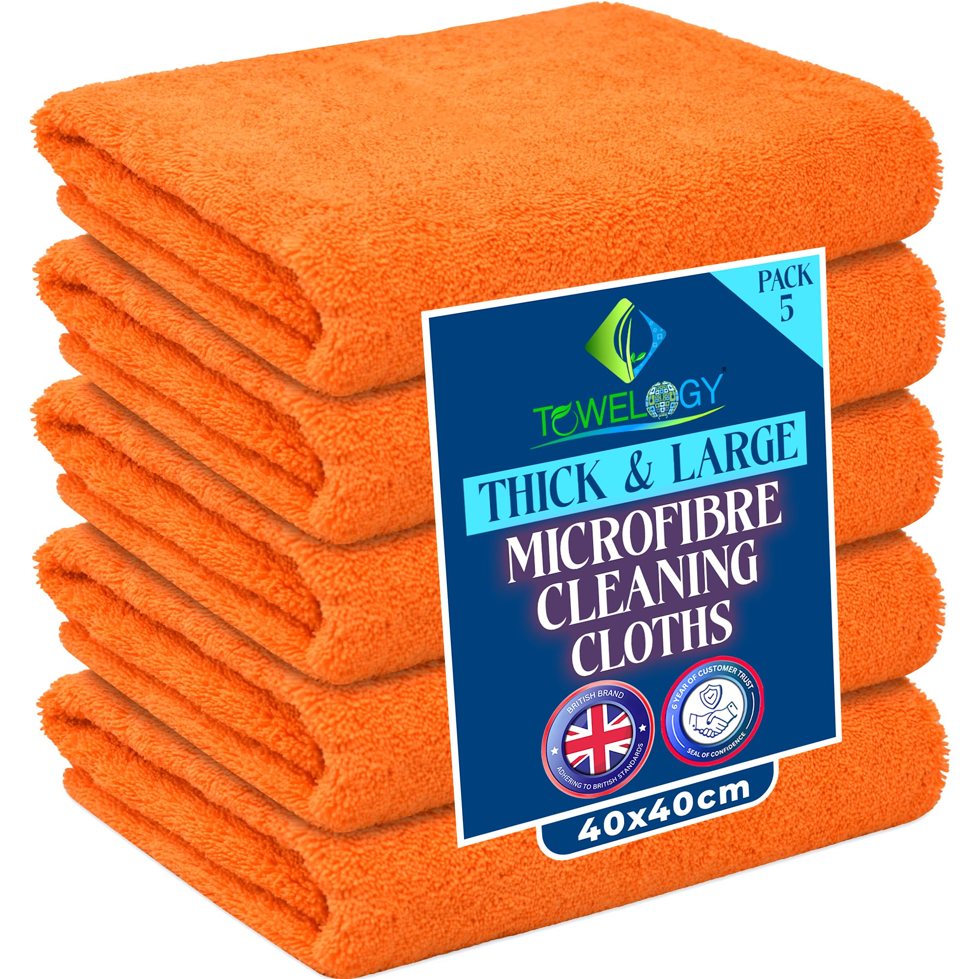 Towelogy Orange Heavy Duty Microfibre Cleaning Cloths For Home All Purpose - Larger, Thicker, More Absorbent Cleaning Cloth - 100% Lint Free Micro Fibre Cloths For Kitchen, Bathroom And Car (5, )