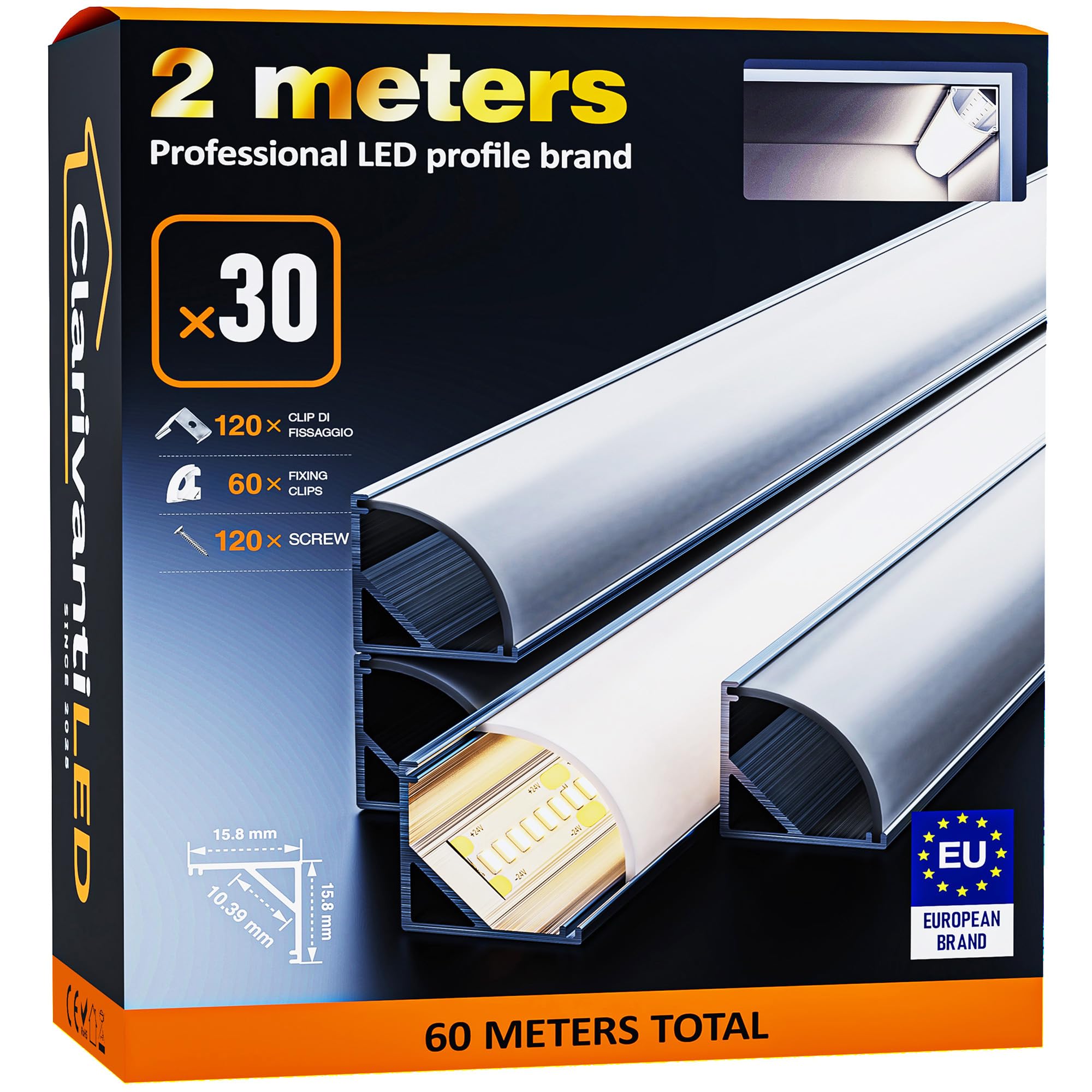 Profil aluminiowy LED, 2 m x 30 mm, profil aluminiowy do taśm LED/taśm, profil narożny 45 stopni, kanał, dyfuzor z mleczną białą pokrywą, zaślepki, klipsy montażowe, profil L z tworzywa