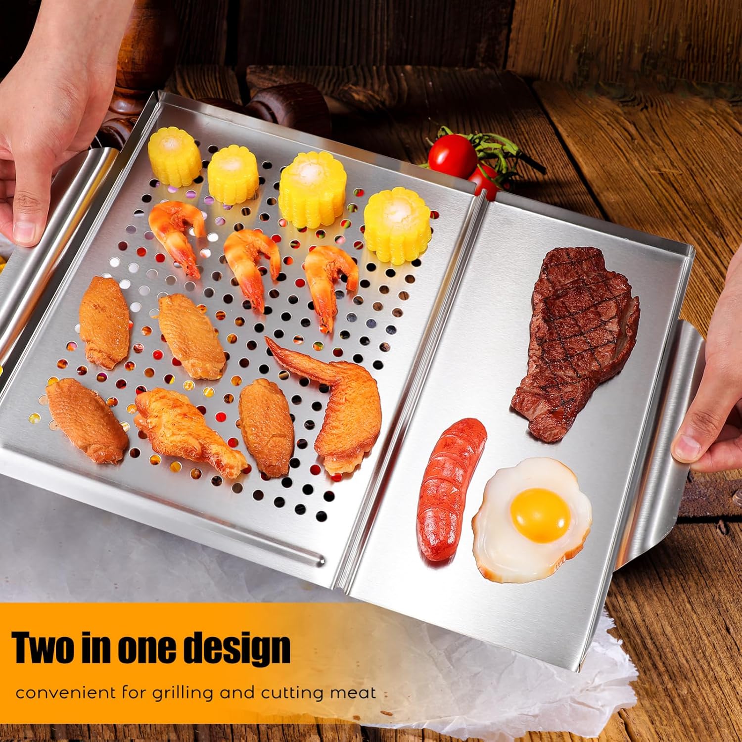 VOSAREA 1Set Stainless Steel Grill Tray with Food Tong BBQ Pan for Outdoor Grilling for Meat Vegetables and Seafood Easy to Clean Heavy Duty Grill Accessories