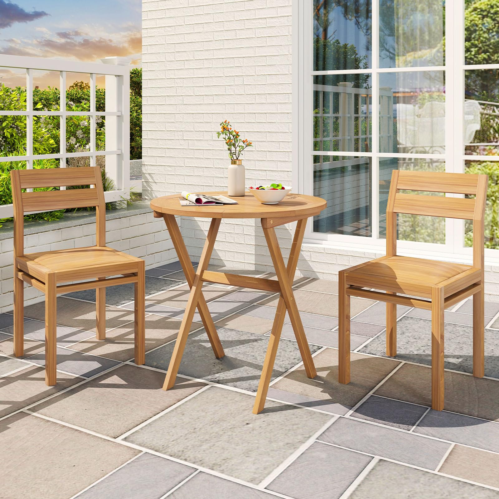 GIANTEX Tavolo rotondo pieghevole in legno di Acacia, tavolo da giardino rotondo, vassoio per doghe struttura a X, barre trasversali rinforzate, chiusura e 2 ganci, per balcone, terrazza, campeggio