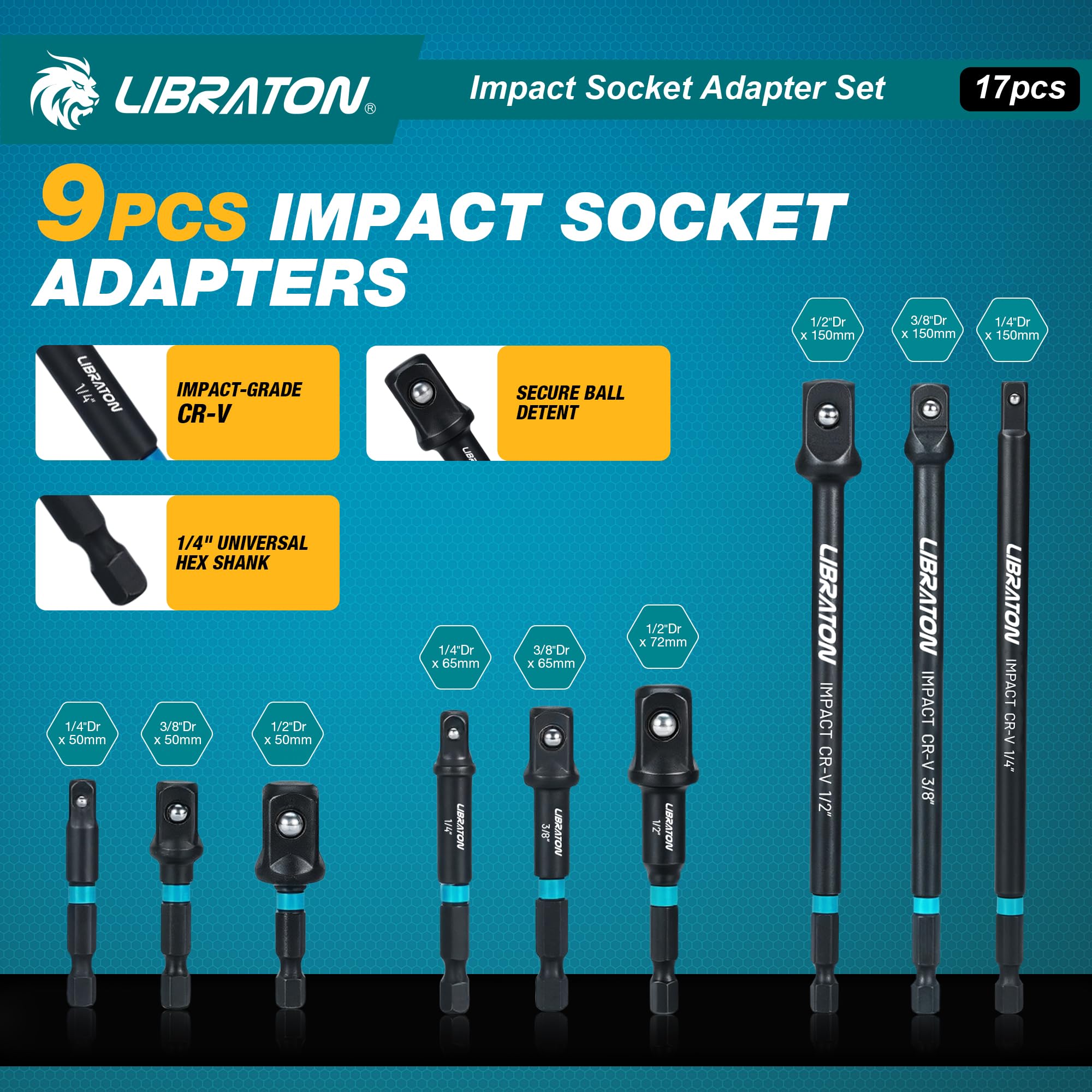 LIBRATON Set De 17 Adaptateurs De Douille À Choc, Carrés 1/4", 3/8", 1/2"