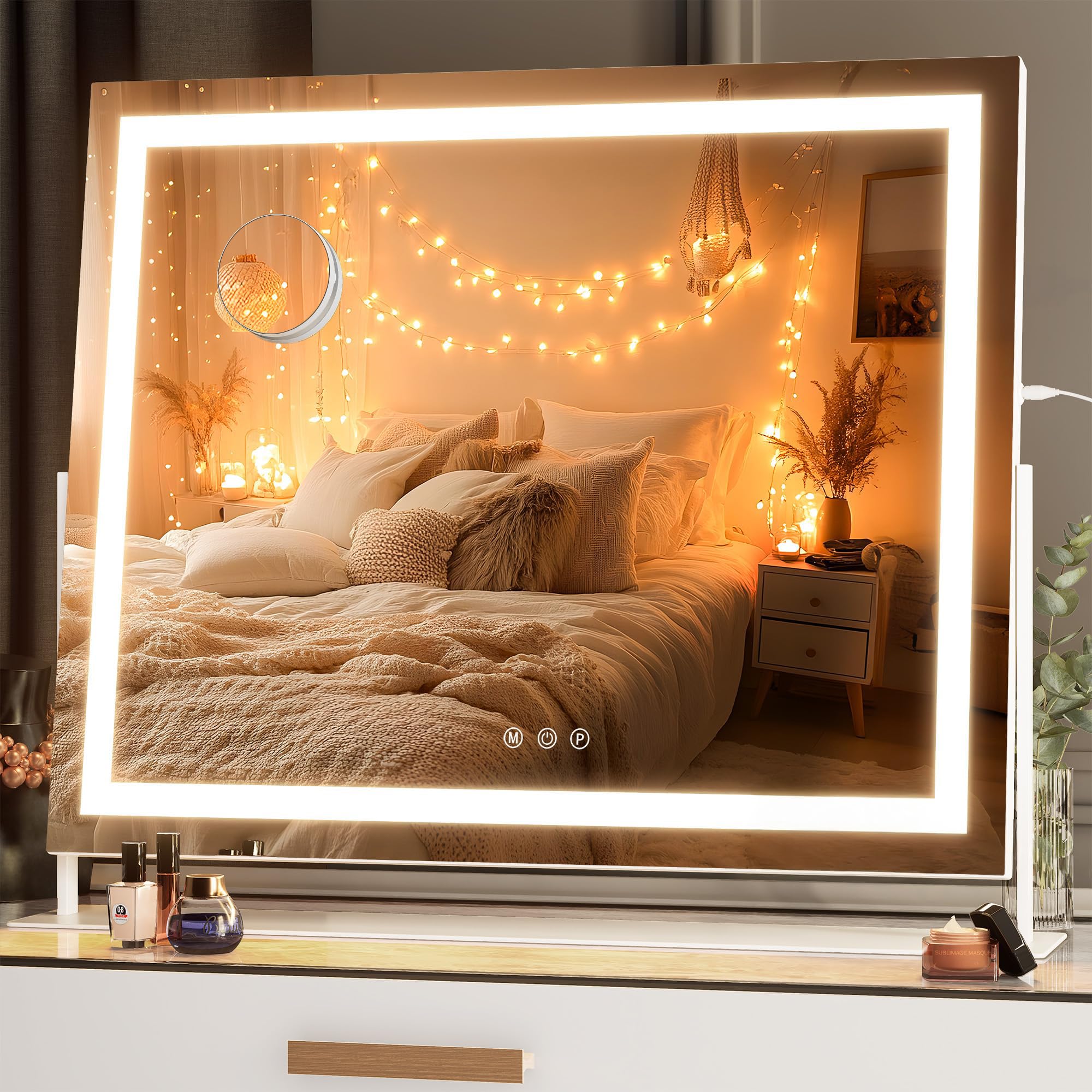 Hasipu Vanity Mirror with Lights, 65 x 55cm LED Make up Mirror, Light up Mirror with 10X Magnification and Brightness Adjustment, 3 Color Dimmable, Smart Touch & 360° Rotation, Square White