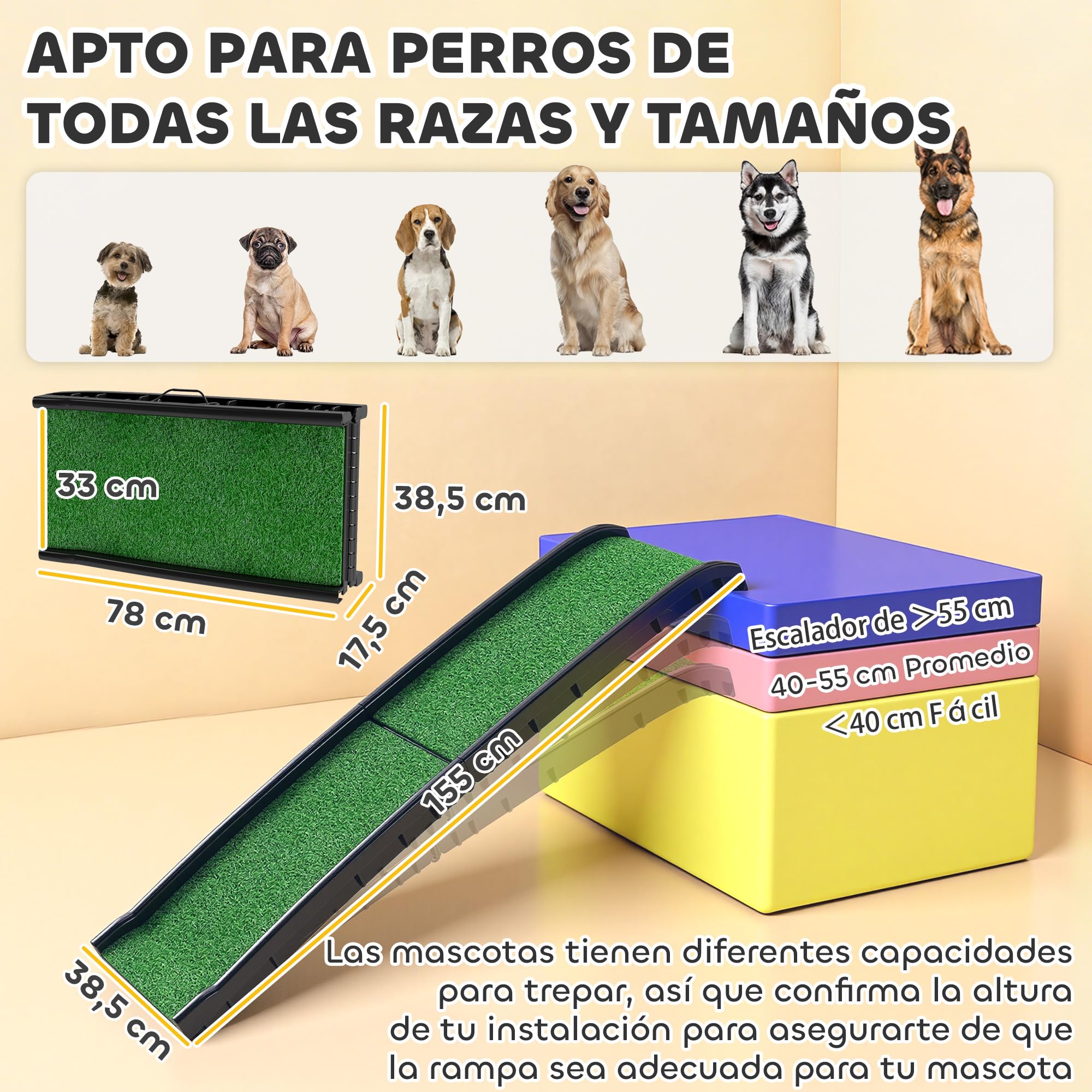 PawHut Rampa para Perros con Césped Artificial, 155 cm, Rampa para Perros para Coche Plegable con Asa, Ángulo Ajustable, Antideslizante, para Todas Las Razas, para Cama, Sofá, Verde