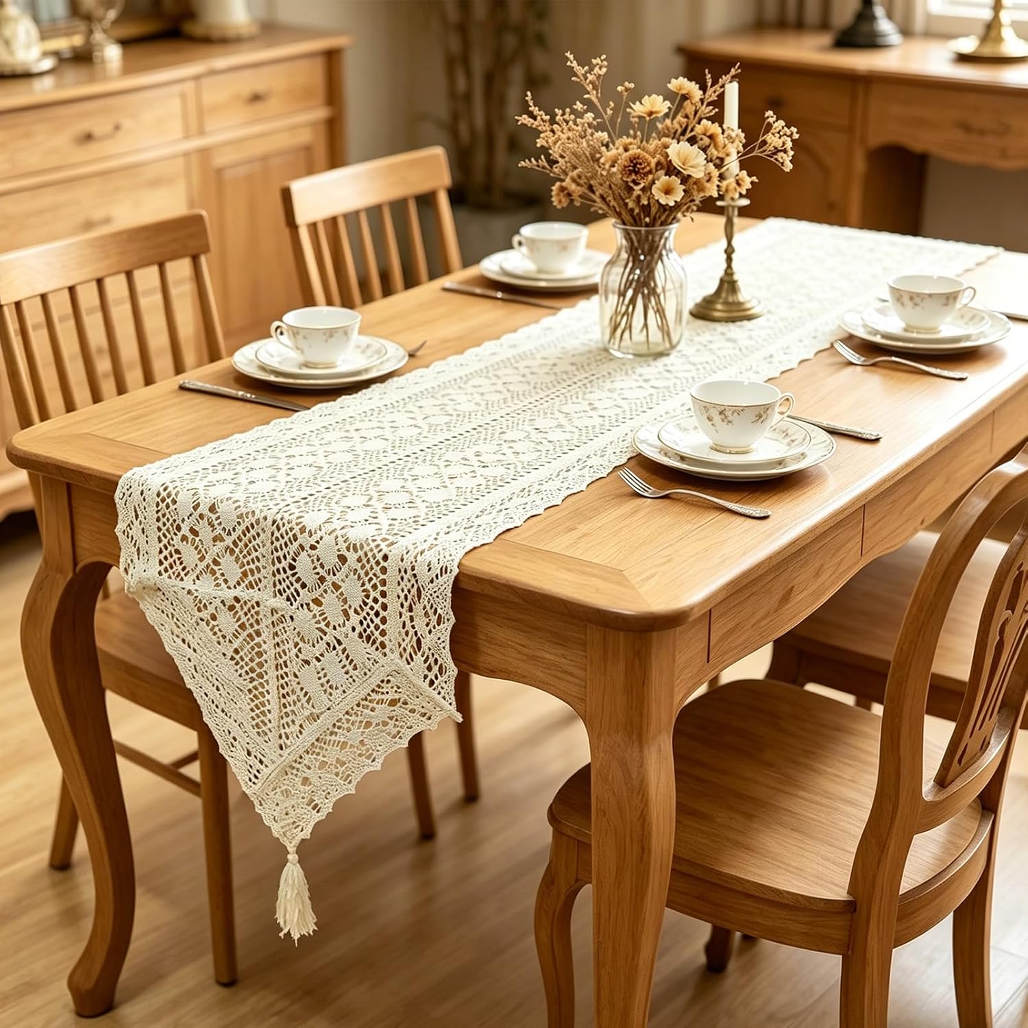 Cotton Crochet Table Runner Beige French Rustic Macrame Boho Table Runner with Tassels Sideboards Dresser Scarf for Wedding Bridal Shower Home Decoration, 17 x 72 Inch