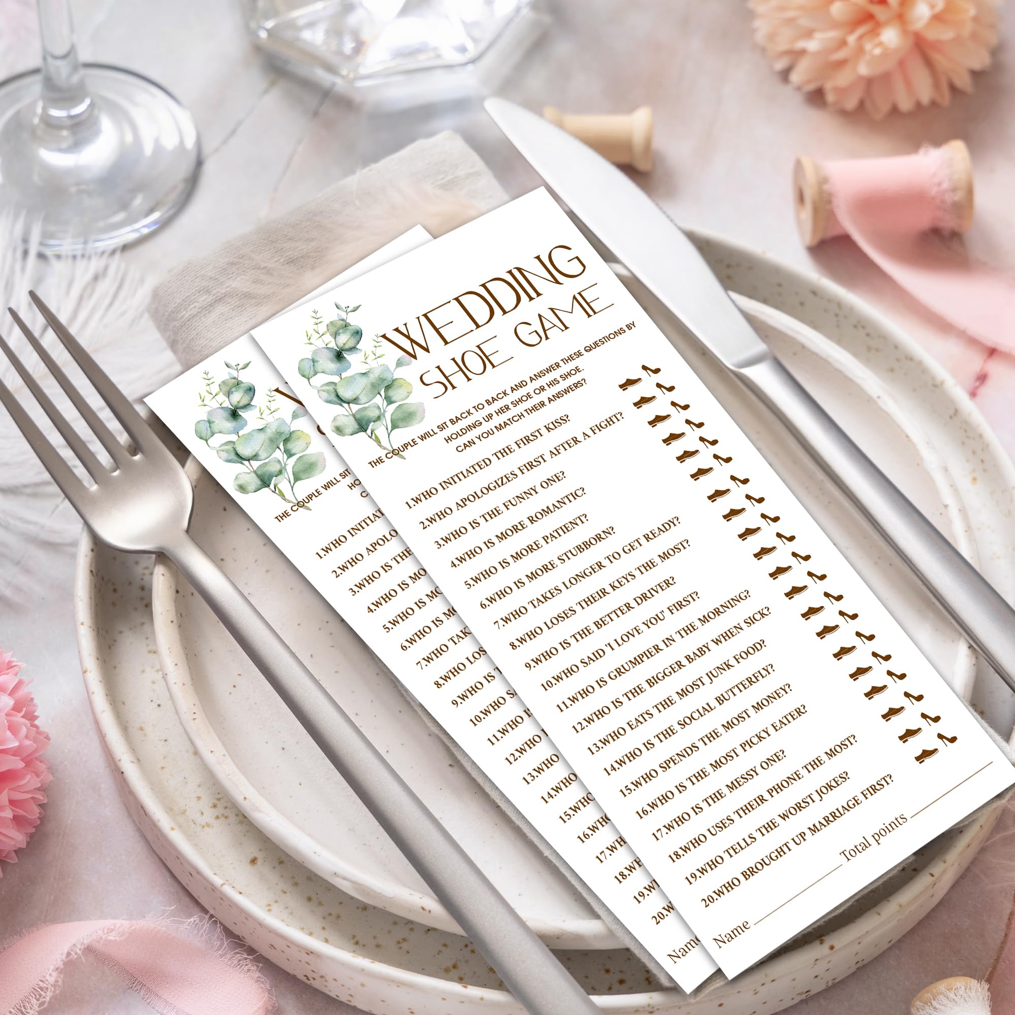 Minimalism Party Bridal Shower Games, juego de zapatos de boda, temática botánica de eucalipto, tarjetas de juegos de actividades de despedida de soltera, 25 invitados, despedida de soltera de