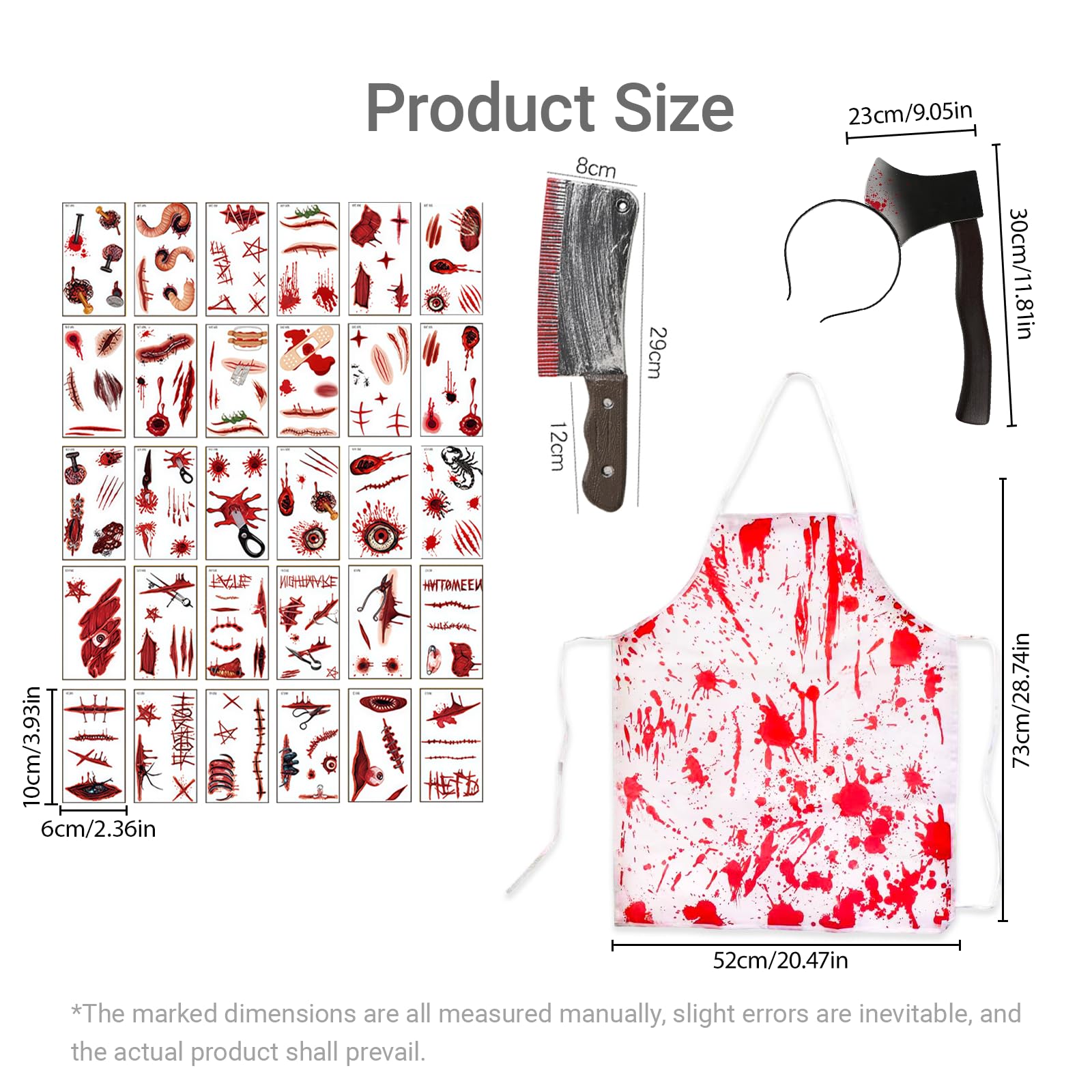 GWAWG Halloween Butcher Set,Horror Hair Accessories, Bloody Apron, Halloween Scars Accessories with Zombie Scar Tattoos - Image 2