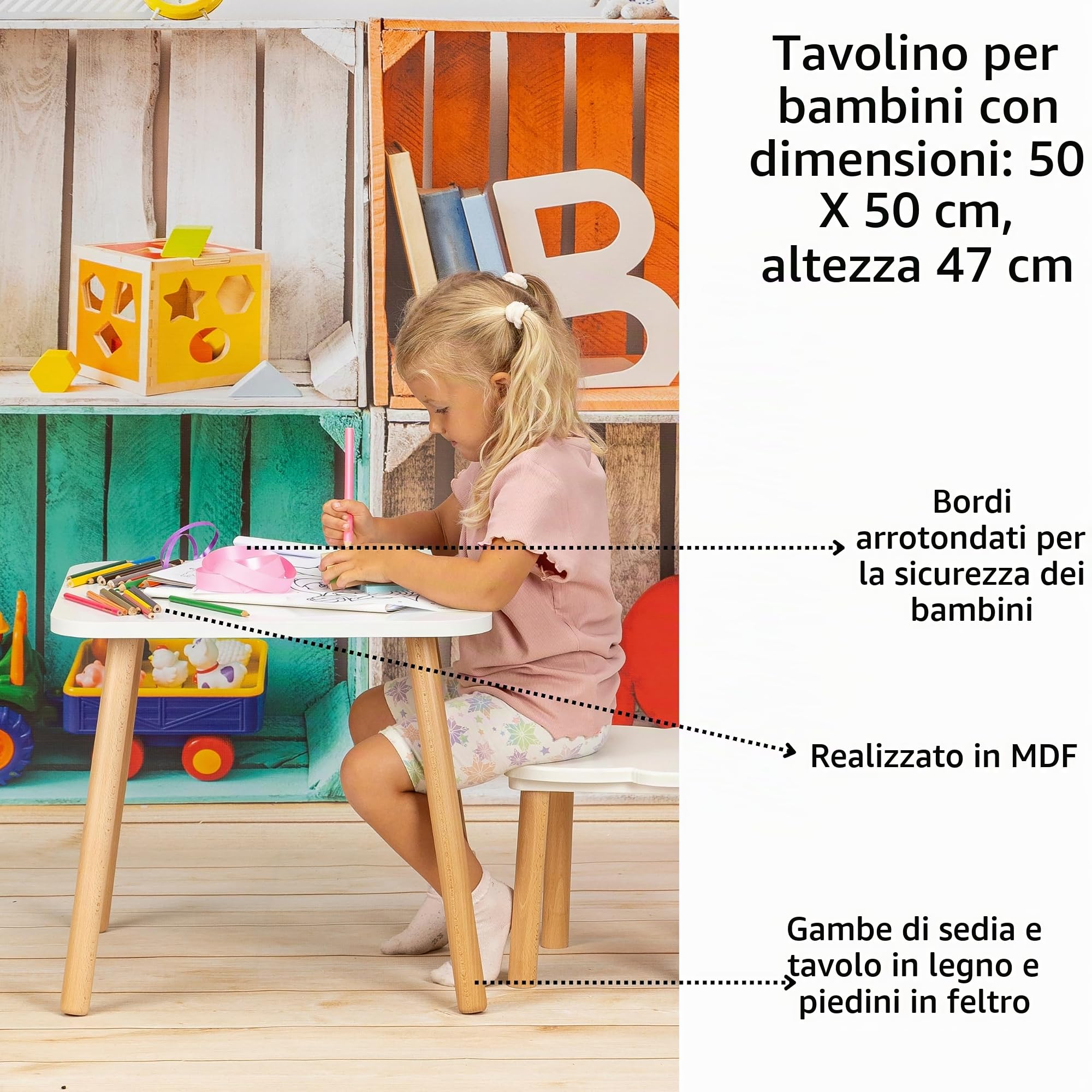 Kindertisch aus Holz - Naturmöbel für Kinder, 50 x 50 x 47 cm, Kindertisch ab 3,4,5,6,7 Jahren, Kinderzimmermöbel