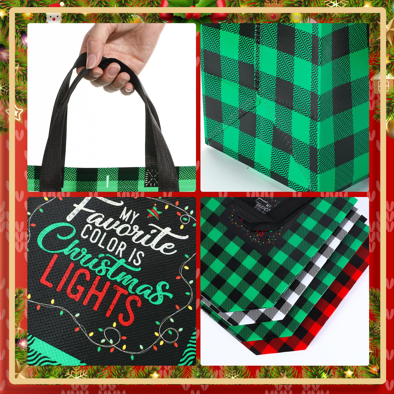 Silkfly 36 Stück gemischte Größen Weihnachten Geschenktüten Weihnachten Tragetaschen Vlies Büffel Plaid Wiederverwendbare Taschen mit Griffen Weihnachtstüten Xmas Lebensmittel Einkaufen Geschenkpapier