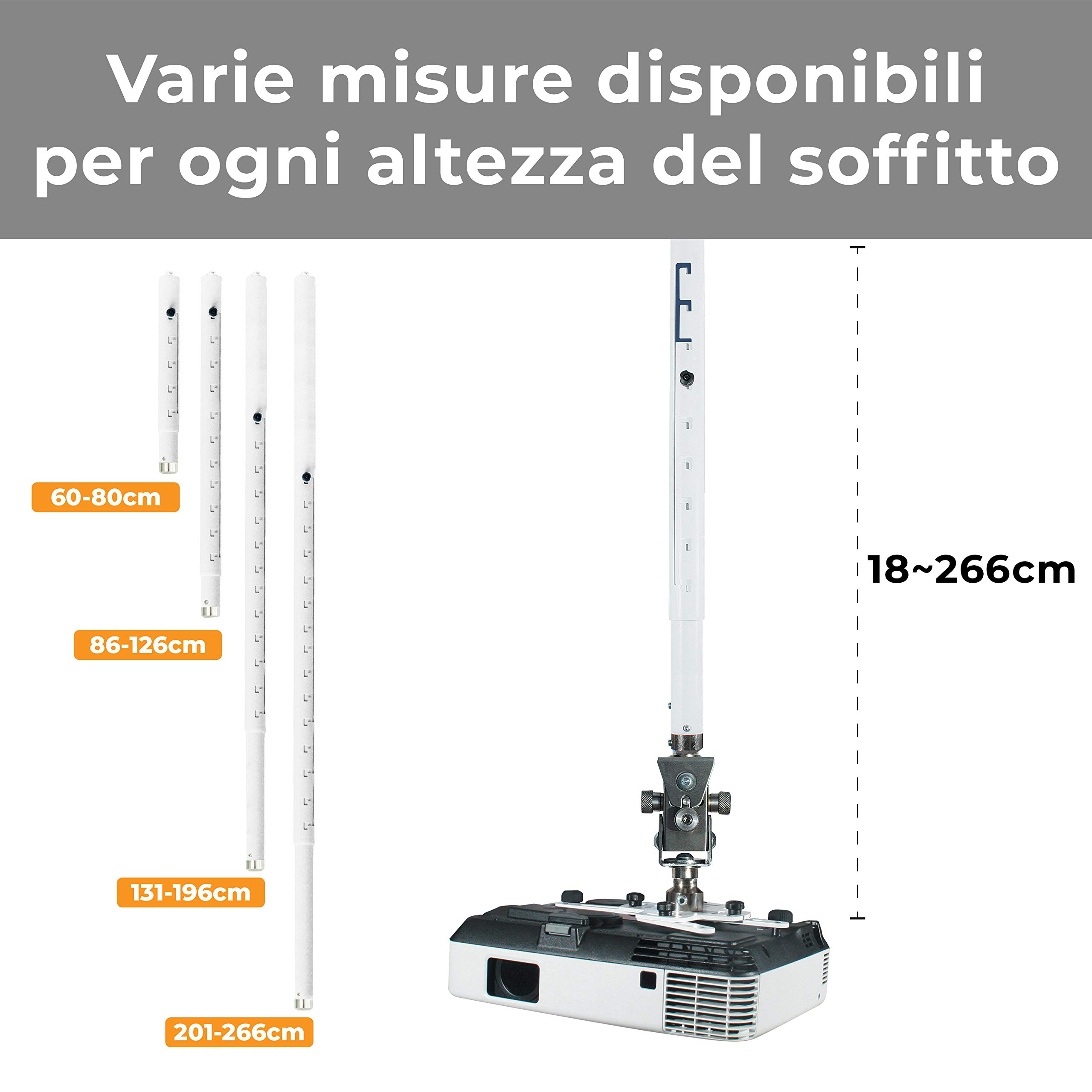 Supporto Proiezione Professionale “Arakno” Silver 131/196cm Regolabile Per Videoproiettore (Disponibile da 18cm, 60/80cm, 86/126cm, 131/196cm, 201/266cm) Montaggio Staffa A Soffitto Massima Qualità